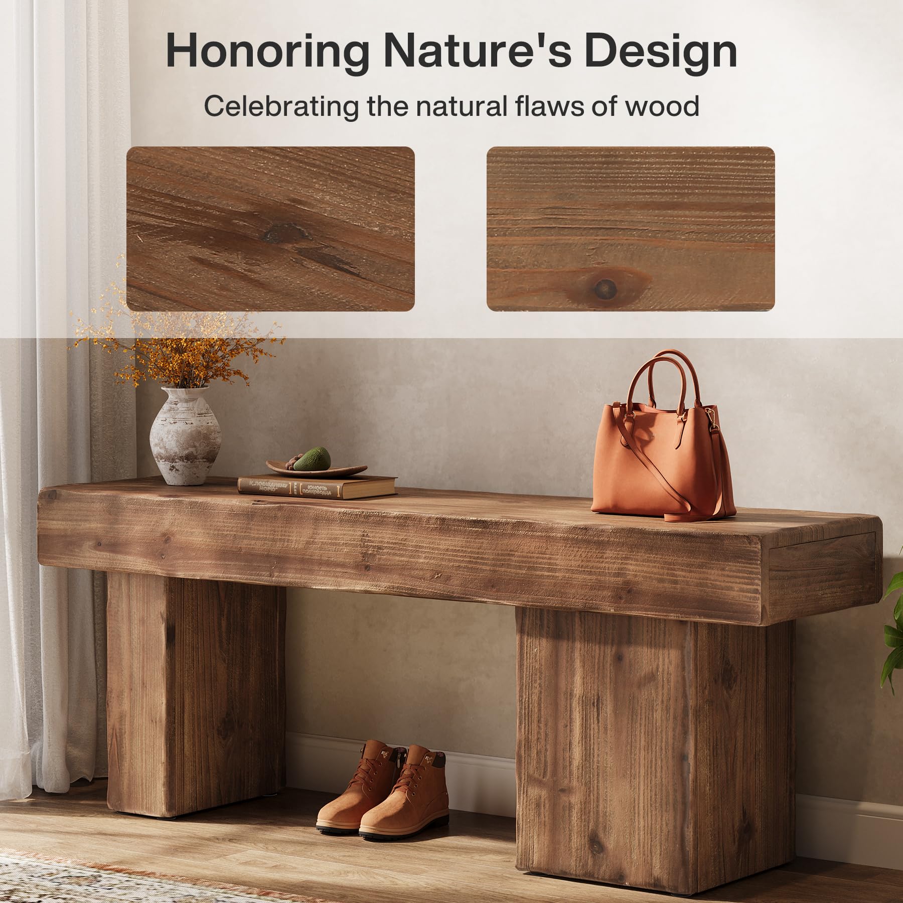 Thickened Solid Wood Bench, 47" Rustic Farmhouse Entryway Bench with Artistic Legs, Heavy Duty Dining Bench for Kitchen, Living Room, Hallway, End of Bed, Natural Wood