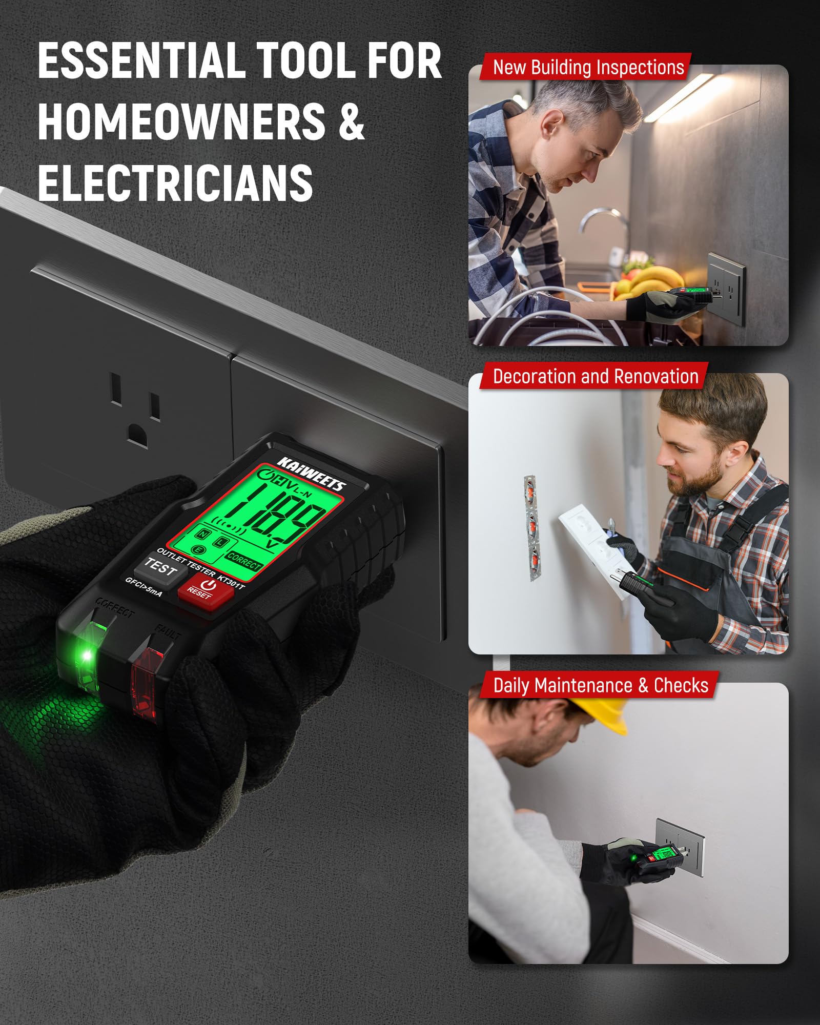 KAIWEETS GFCI Outlet Tester - Safety & Fault Detection -9