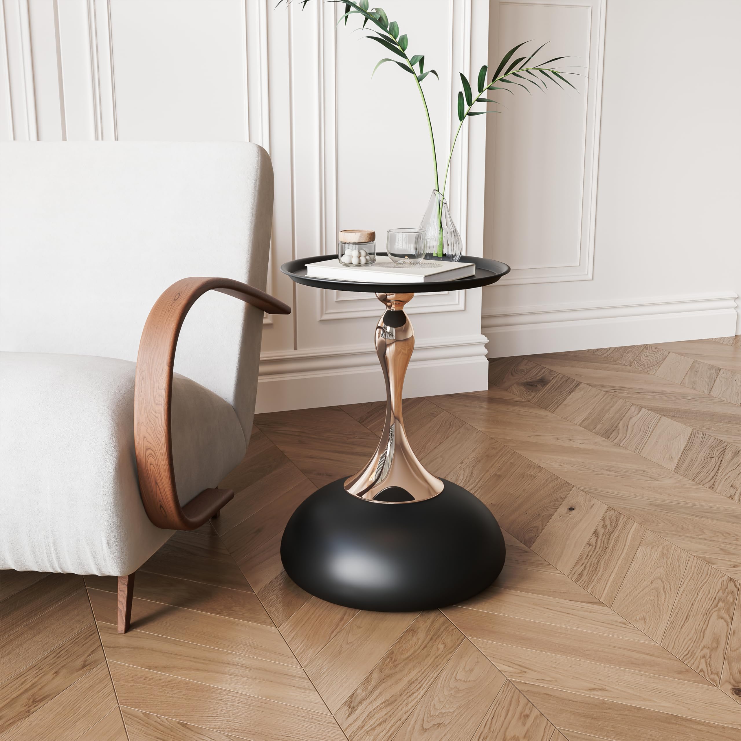 Small Round Pedestal End Table, 14.96" Diameter Drink Table for Small Spaces, Mid-Century Modern Metal Side Table with Gold Finish, Sturdy 60lbs Load