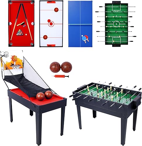 Juego de mesa de juego 5 en 1 para el hogar, sala de juegos, amigos y familia, con billar, hockey de empuje, futbolín, ping pong y baloncesto, negro