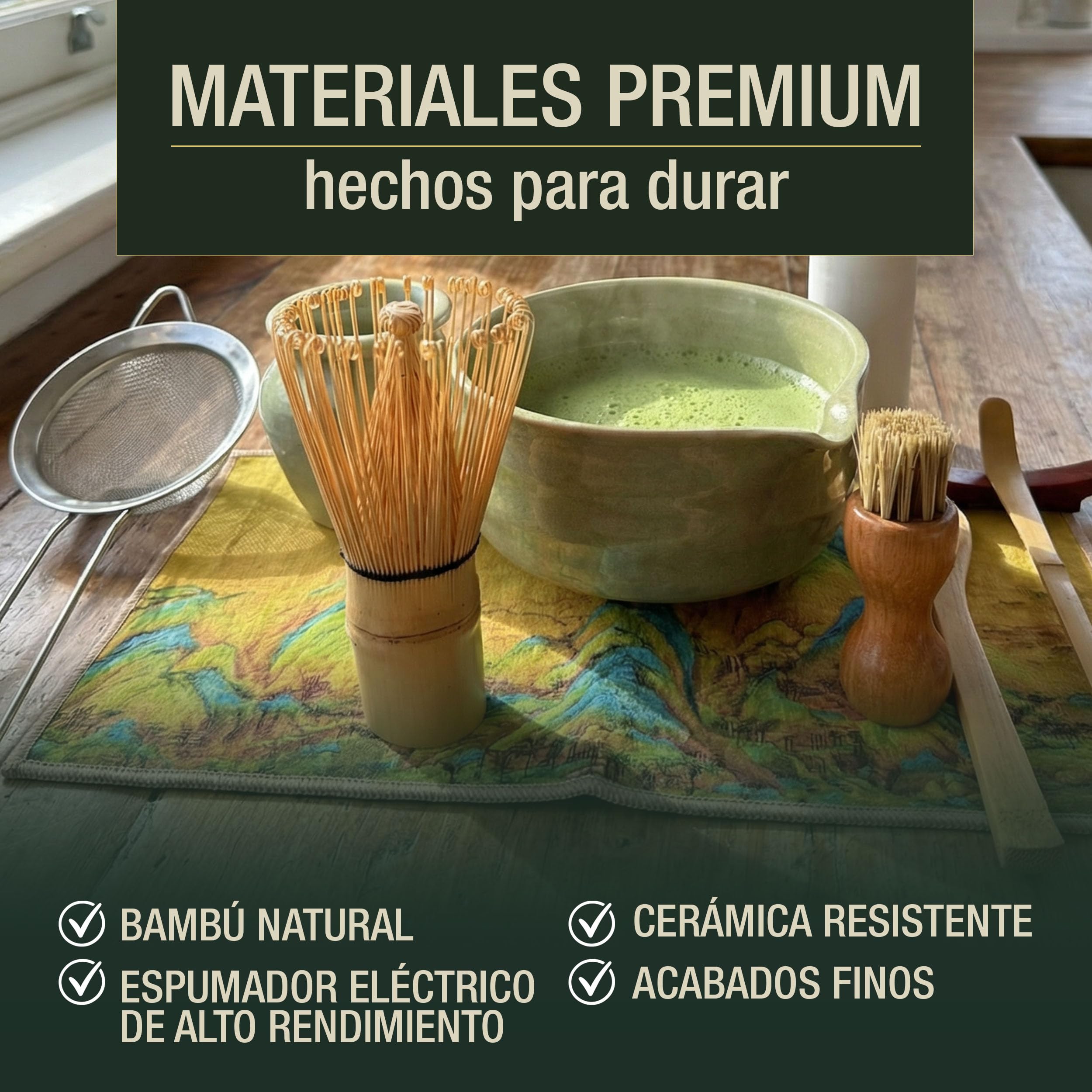 Kit Té Matcha de 11 Piezas con Batidor Eléctrico Espuma y Set Completo Accesorios Tradicionales Cuenco Ceramica Tamiz Bambú Preparacion Ritual Auténtico Iniciación Regalo Premium