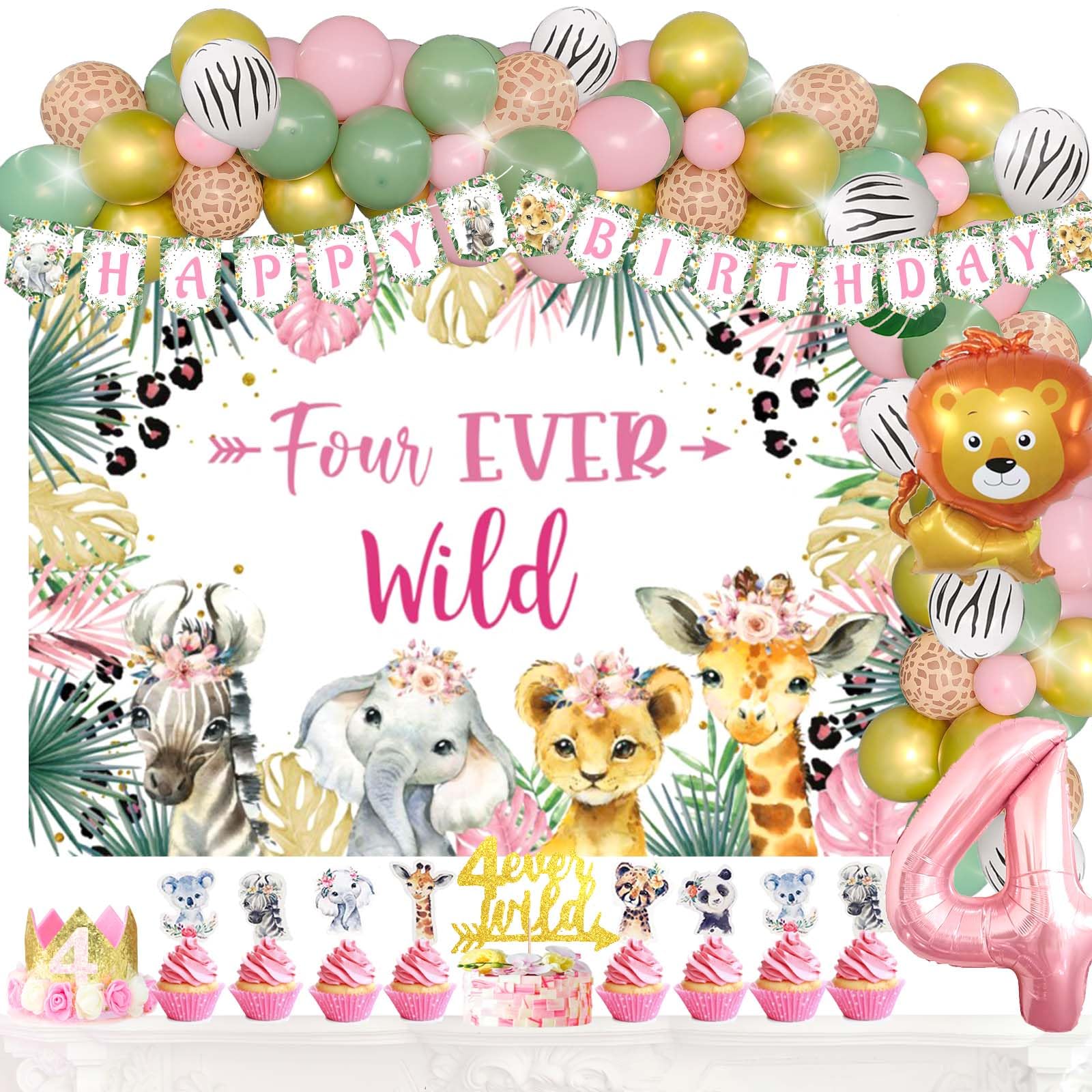 Fiesec Four Ever Wild Birthday Decorations Girl, Jungle Safari Animal Theme 4th Party Decorations Backdrop Balloons Garland Banner Cake Cupcake Topper