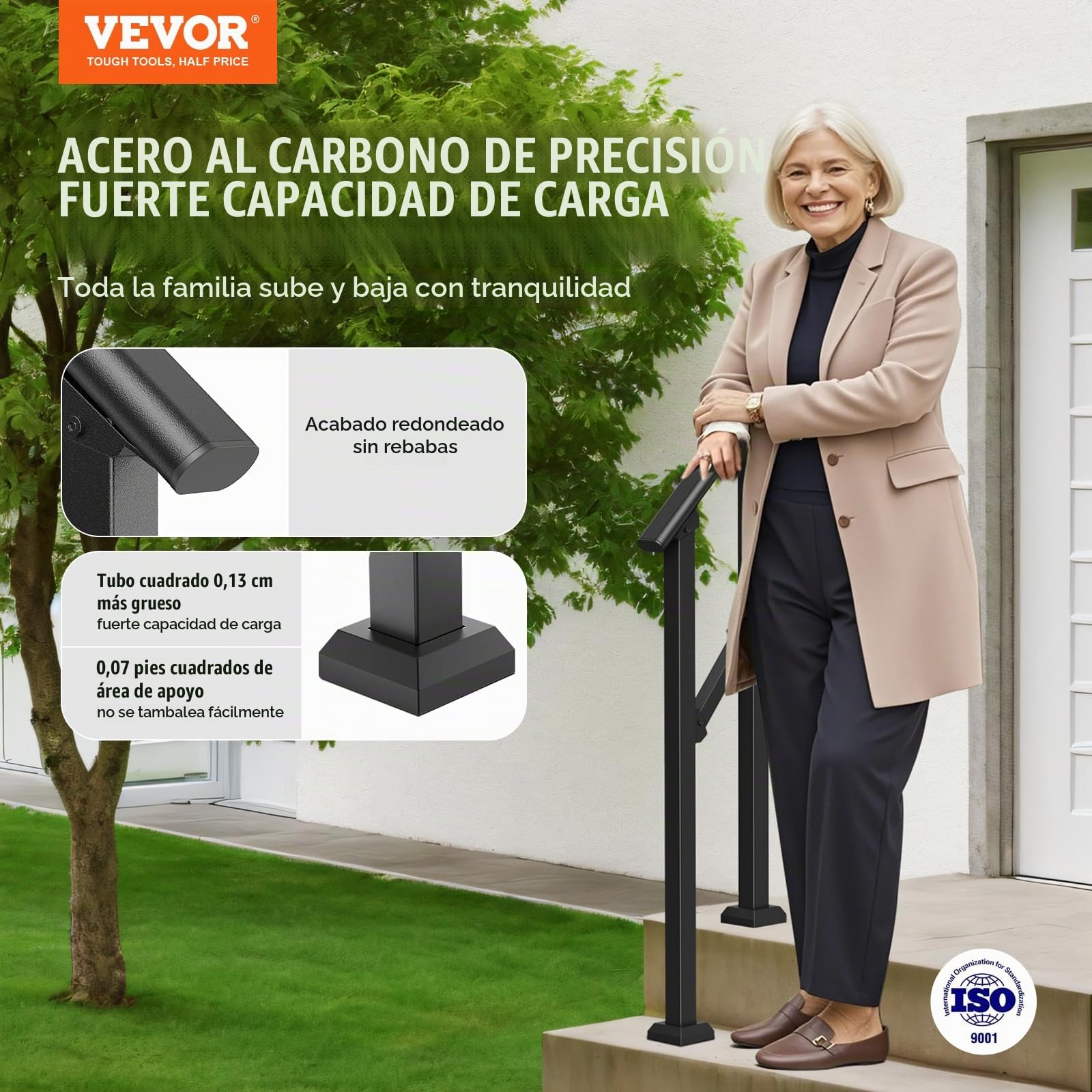 VEVOR Barandilla de Escalera para Pasamanos de Escalera de 1-2 Escalones con Kit de Instalación Tubo Cuadrado de Acero al Carbono para Personas Mayores, Escalones de Concreto, Porche, Patio, Negro
