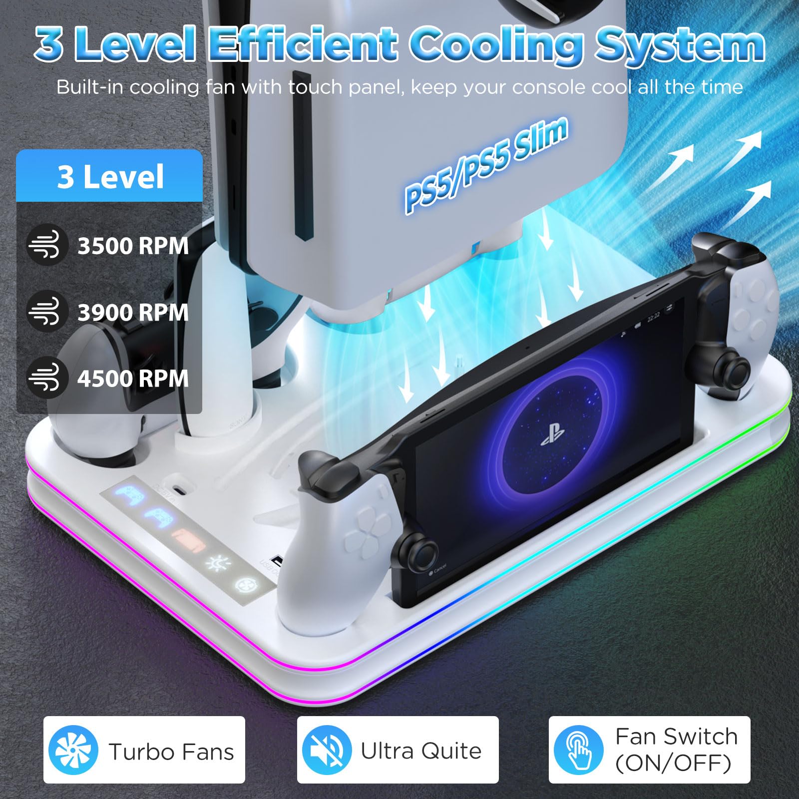 Supporto sottile e stazione di raffreddamento per PS5/PS5 con controller RGB LED stazione di ricarica per PlayStation 5, dock di ricarica per controller PS5 Edge e PS Portal PS5/PS5 accessori sottili