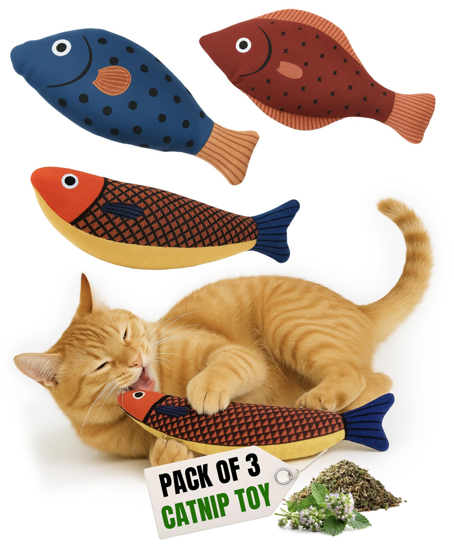 Tails & Tales Cat Toys Fish, Catnip & Crinkle Sound Plush, Bite-Resistant & Soft Interactive Toys for Indoor Cats & Kittens, Reduces Stress & Encourages Activity, Pack of 3