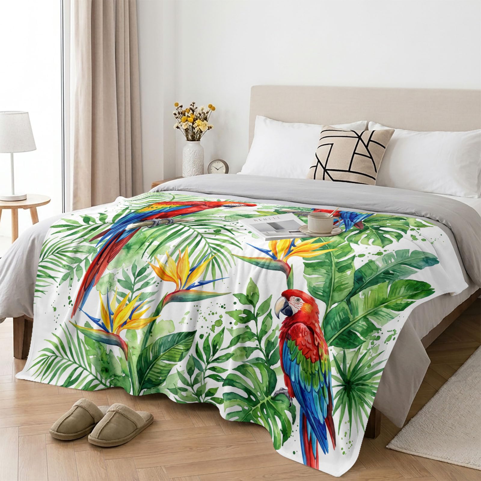 Manta de franela, manta de franela natural, mullida, suave y cálida, manta de forro polar, diseño de loro con hojas verdes, manta de sofá para adolescentes y adultos, 150 x 200 cm