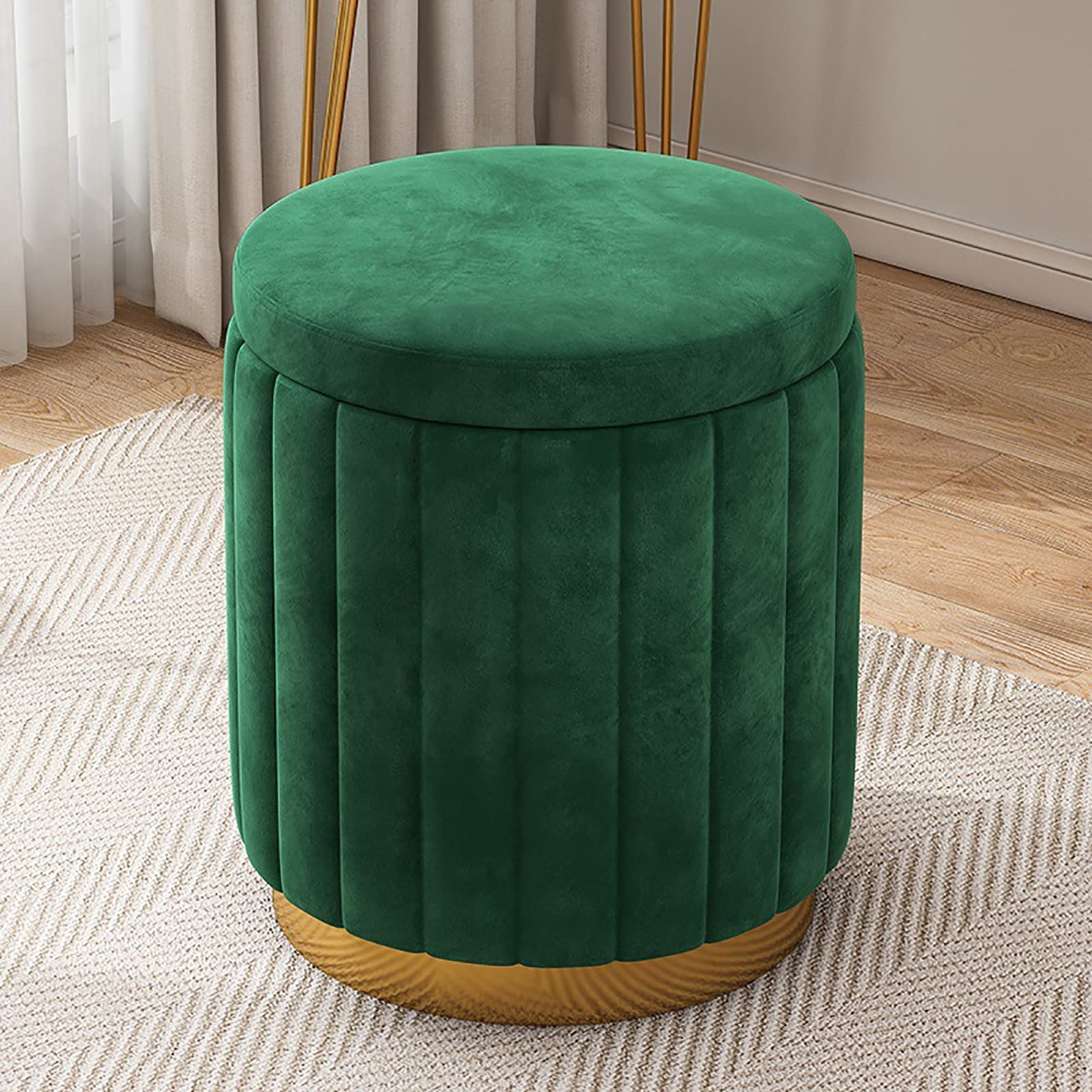 Pouf Contenitore Rotondo in Velluto Blu, Imbottito, Morbido, Poggiapiedi, con Base Dorata, Elegante E Capiente, per Soggiorno E Camera da Letto.,Green