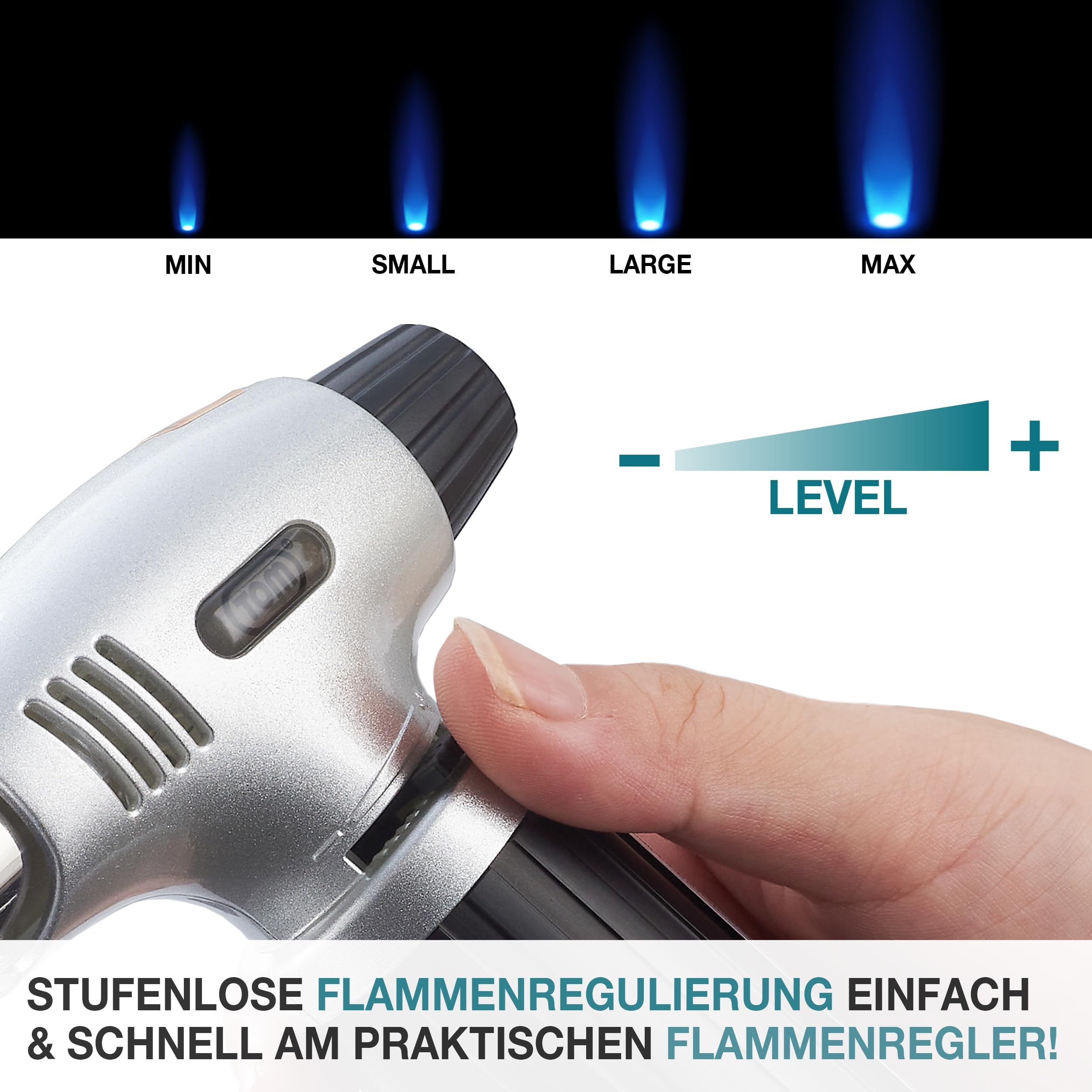 TOM Creme Brulee Brenner - MIT Gas befüllt – inkl. 1 x 100 ml Gas Kartusche zum Nachfüllen – Bunsenbrenner mit 1300°C Flamme – Küchenbrenner , Camping & Werkstatt – Flambierbrenner Küche