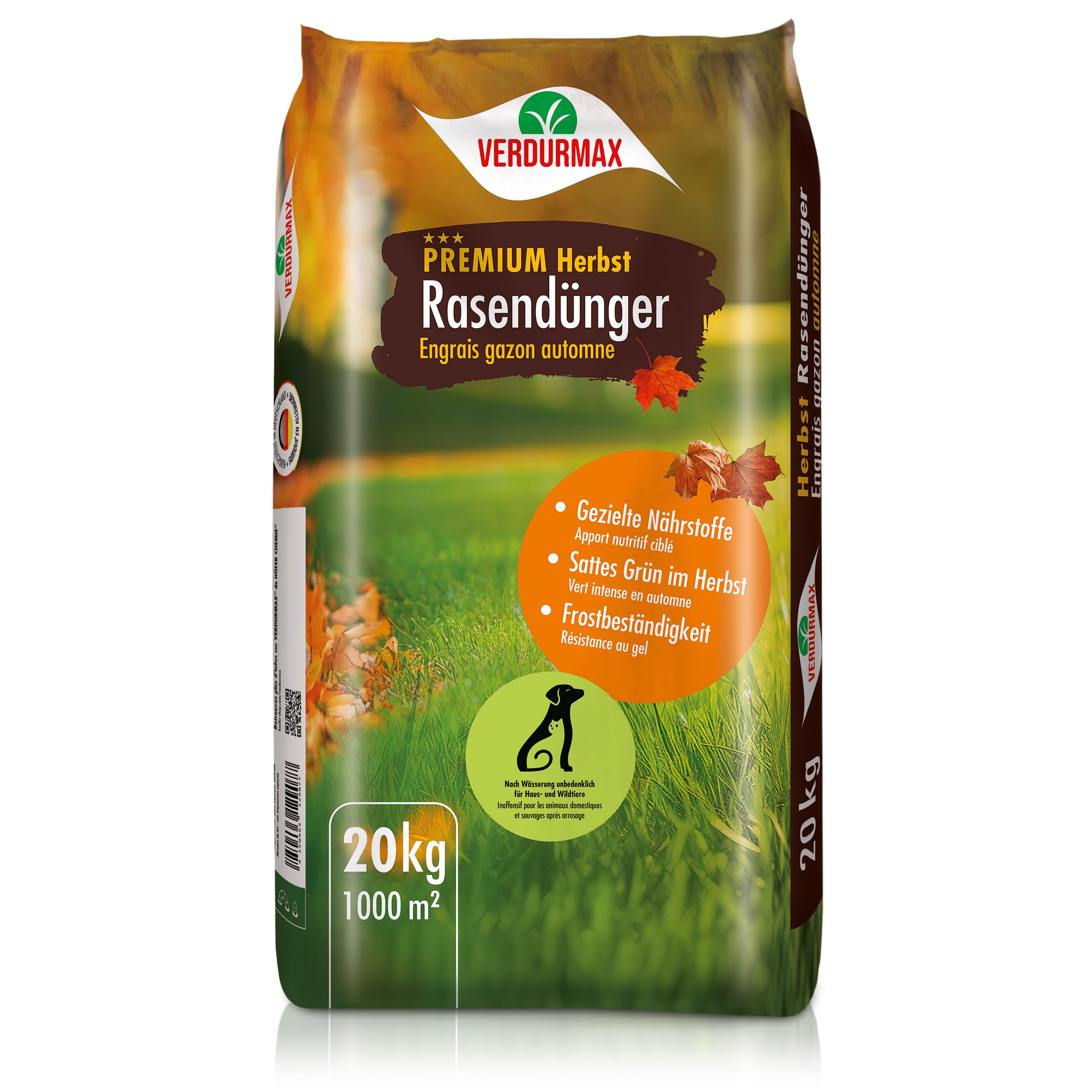 Verdurmax 1 x 20 kg engrais pour gazon d'automne de qualité supérieure - 100% végétalien - Engrais NK 7+18 (+14+2+25) - Résistant à l'hiver et au gel - Granulés sans poussière