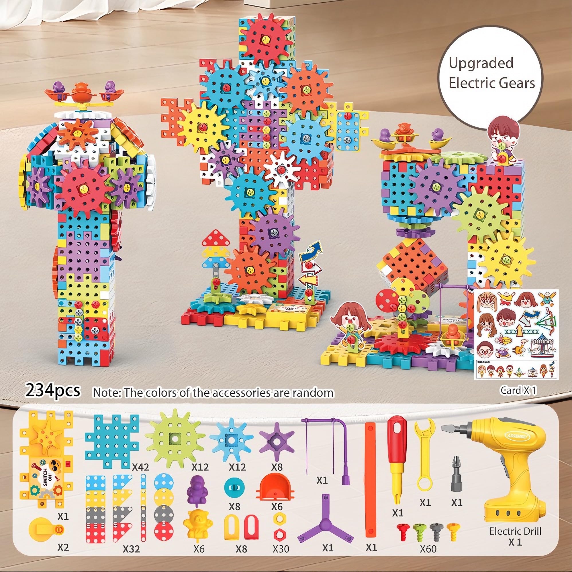 Montessori - Juguetes de bloques de construcción de engranajes eléctricos, juego de herramientas para niños, 234 piezas de diseño y taladro, juguete educativo de construcción STEM para niños y 5