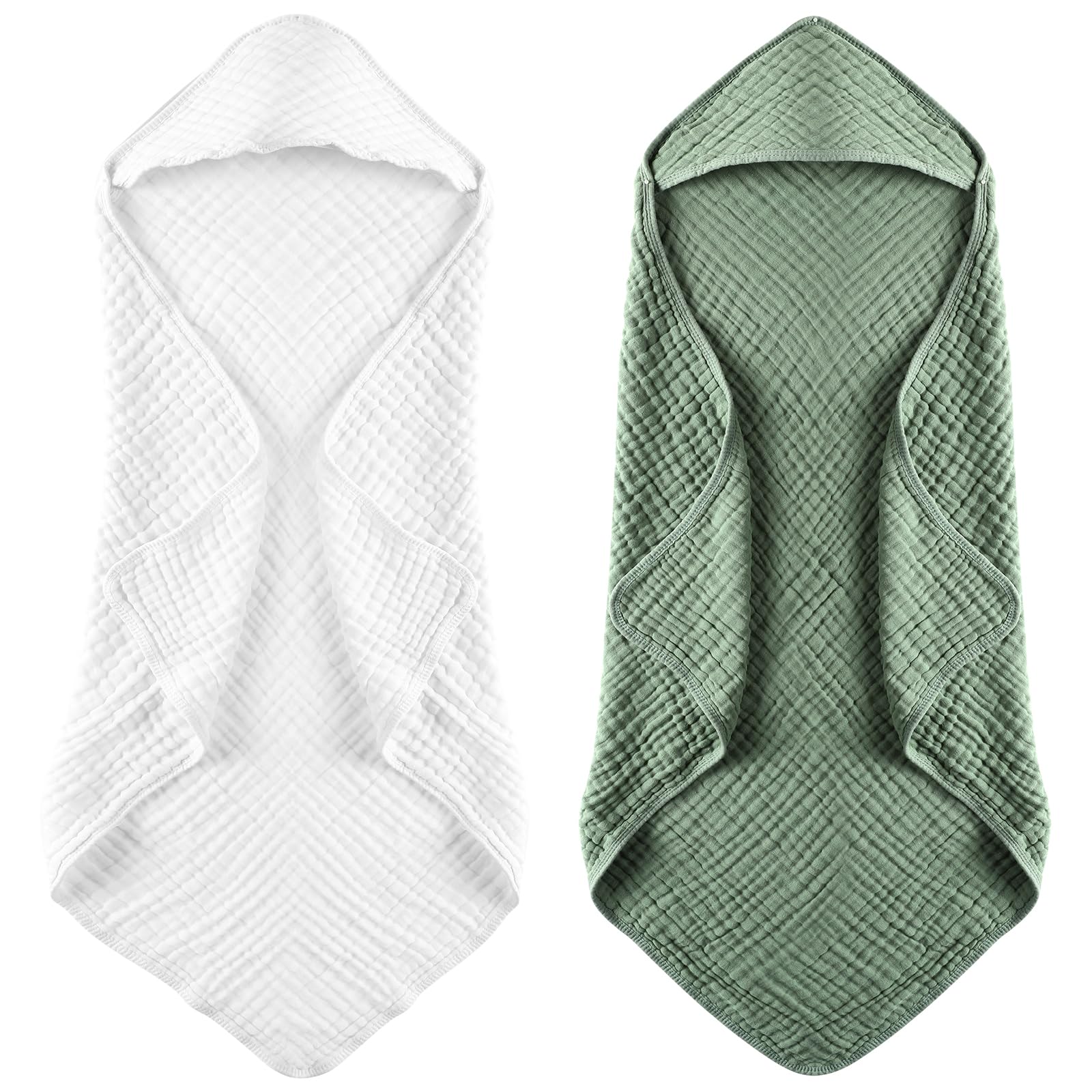 MUKIN Baby Hooded Towels, Muslin Cotton, 2-Pack, for Newborn, Infant, Toddler and Kids (White,Dark Green)