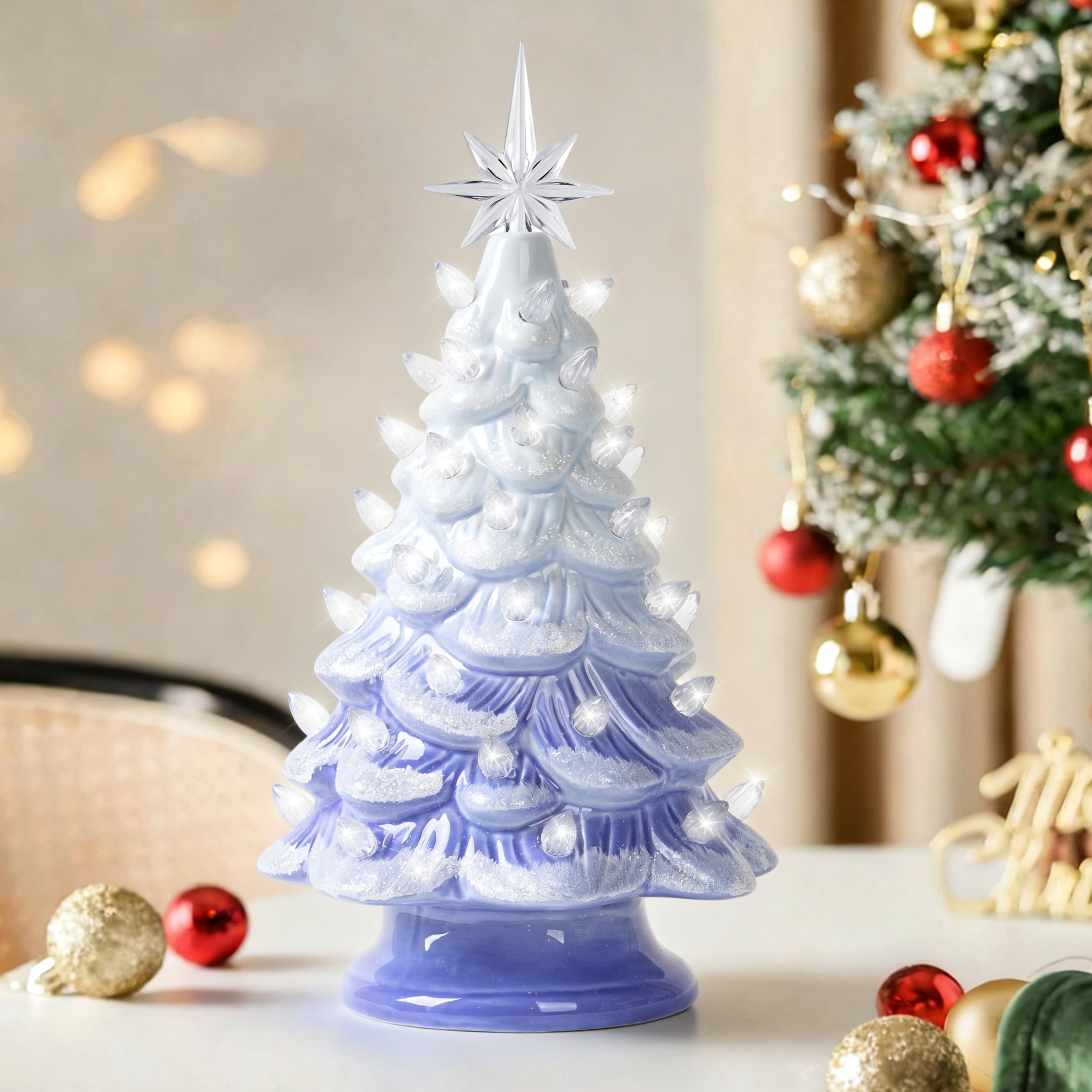 Sunlit Cordless Lighted Ceramic Christmas Tree Vintage Tabletop Christmas Decoration Pre-Lit Colorful Mini Light Bulbs 13" Traditional AA Battery Operated LED - Ombre Blue