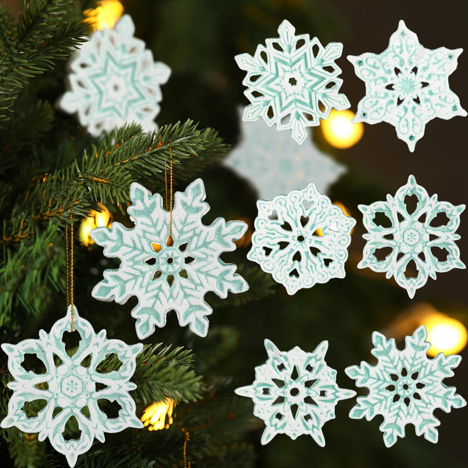 Thyle 12 Pcs Winter Porcelain Ornaments Blue and White Snowflake Chinoiserie Winter Decorations Glazed Hollowed Snowflake Gift with Ropes for Christmas Tree Decor Winter Party(Light Blue)