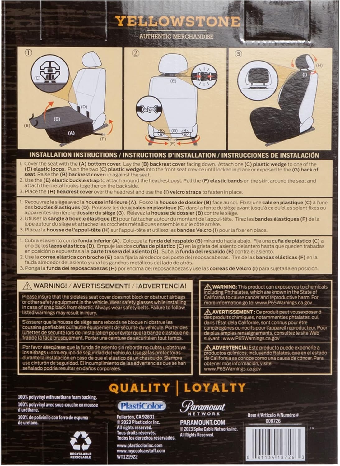 Plasticolor 008726R01 Yellowstone Logo Truck Sized Premium 3pc Sideless Seat Cover