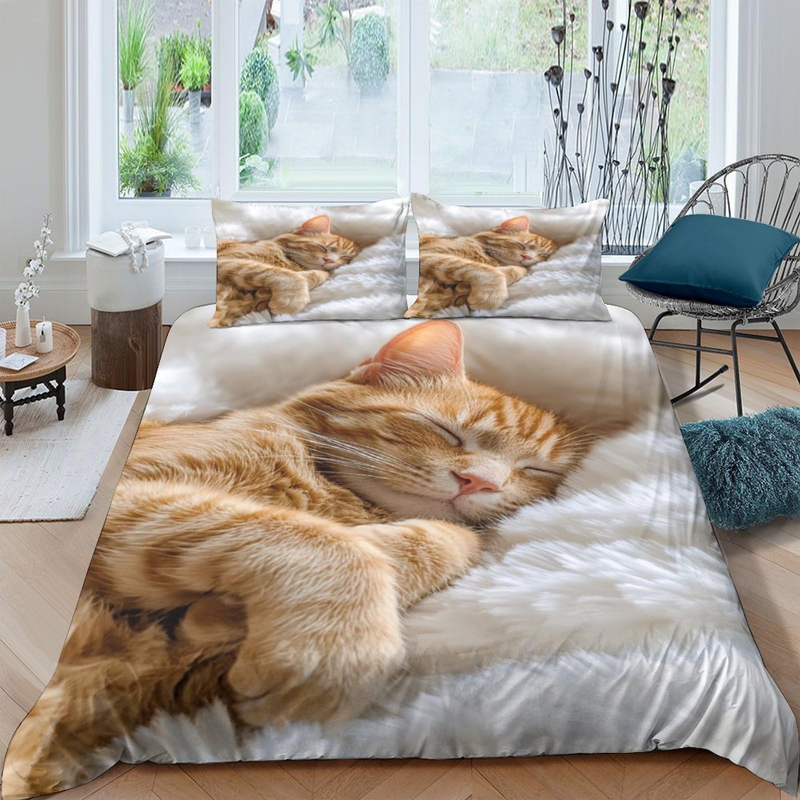 Ctjqhvkz Style-6 3D Printed Sleeping Cat Fitted Sheet Microfiber Soft Breathable Orange Tabby Mattress Cover For Bedroom Dorm Mattress Protection Decor Single（135X200cm）