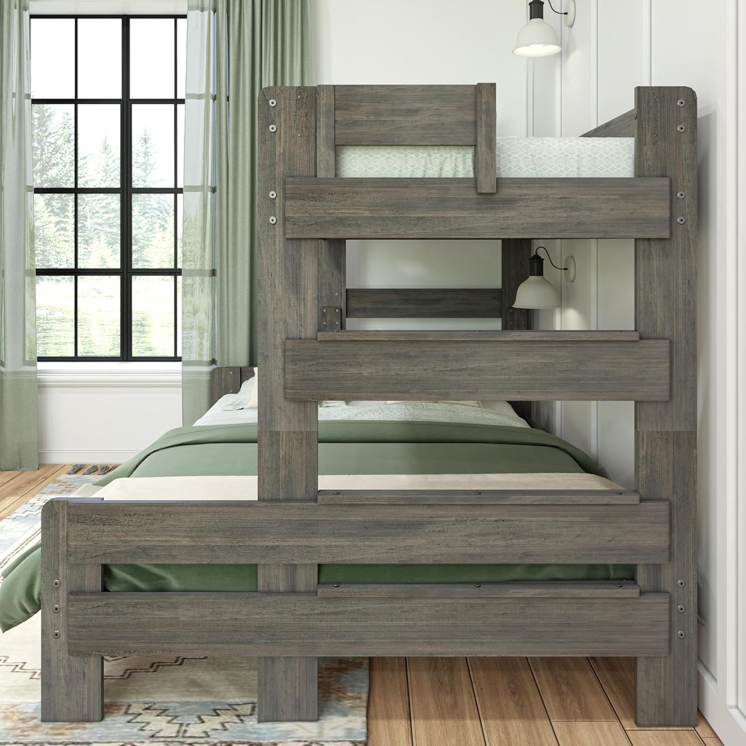 Max & Lily Bunk Bed, Twin XL-Over-Queen Bed Frame For Kids, Solid Wood for No Box Spring Needed, Driftwood