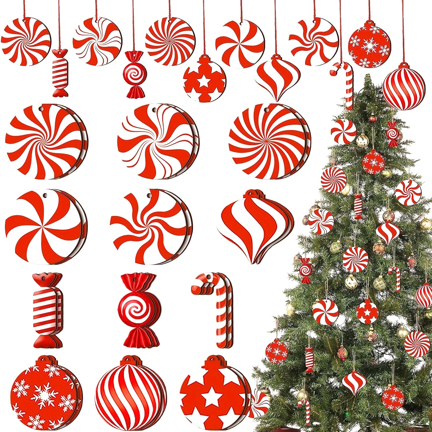 Adornos navideños de bastón de caramelo de madera para árbol de Navidad, juego de 24 piezas