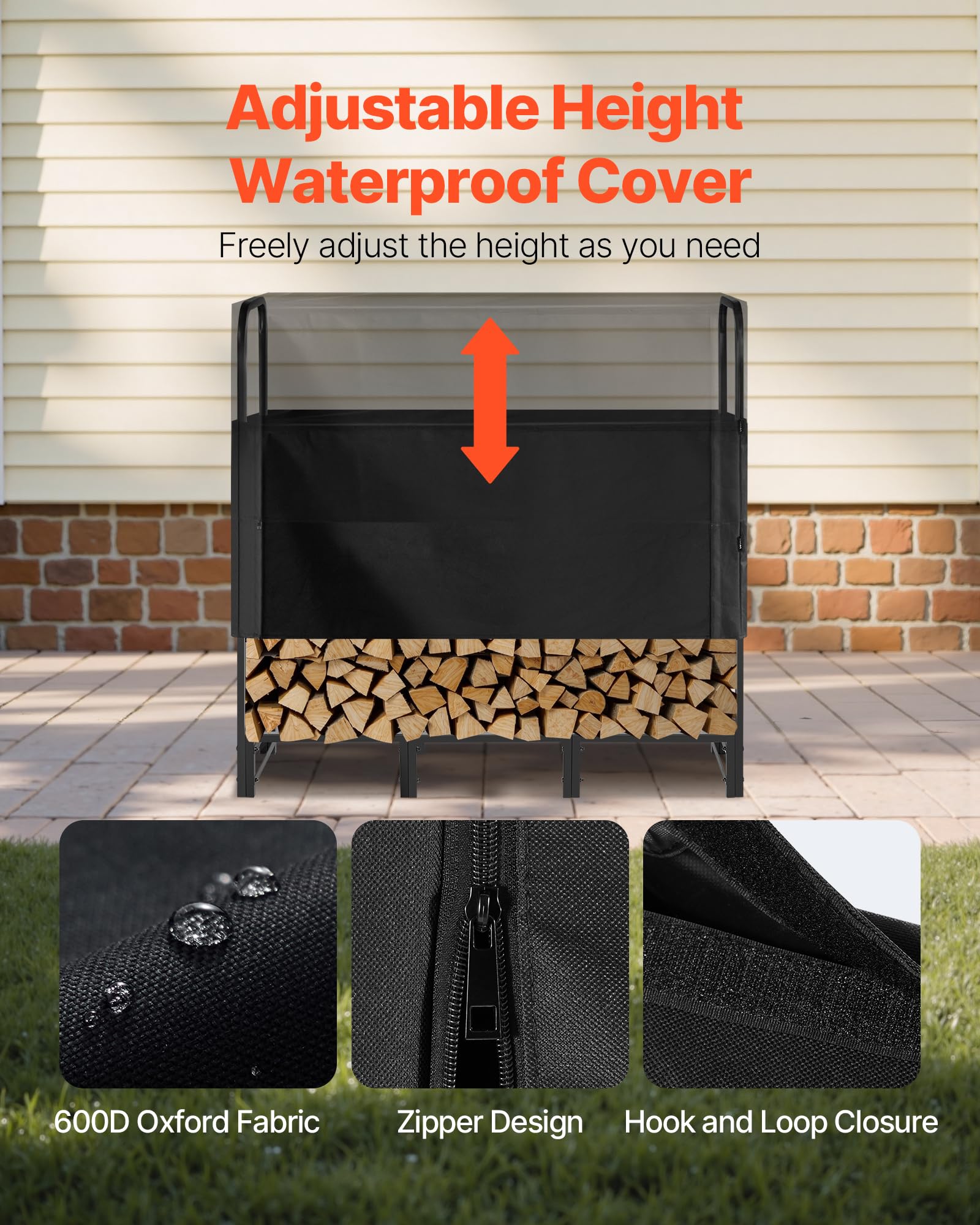 VEVOR Support à bois de chauffage avec housse imperméable, range-bûches extérieur en métal, 1220 x 320 x 1180 mm, charge maximale 181,4 kg, couverture partielle, thermolaqué, pour terrasse, vérandas