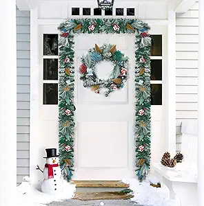 Christmas Garland, 6ft Snow Frosted Xmas Garland with Village House, Pinecones, Colorful Balls, Artificial Holiday Garland for Stairs, Fireplace, Mantle, Front Door Decor