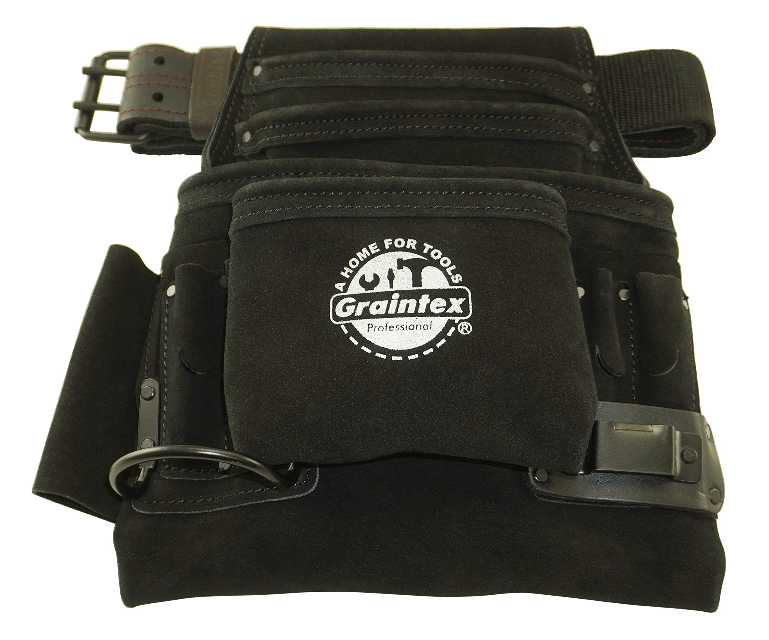 Graintex SS2680 - Bolsa de herramientas y clavos de 10 bolsillos, color negro, piel de ante de 2 pulgadas, cinturón de cincha para constructores, electricistas, fontaneros, manitas