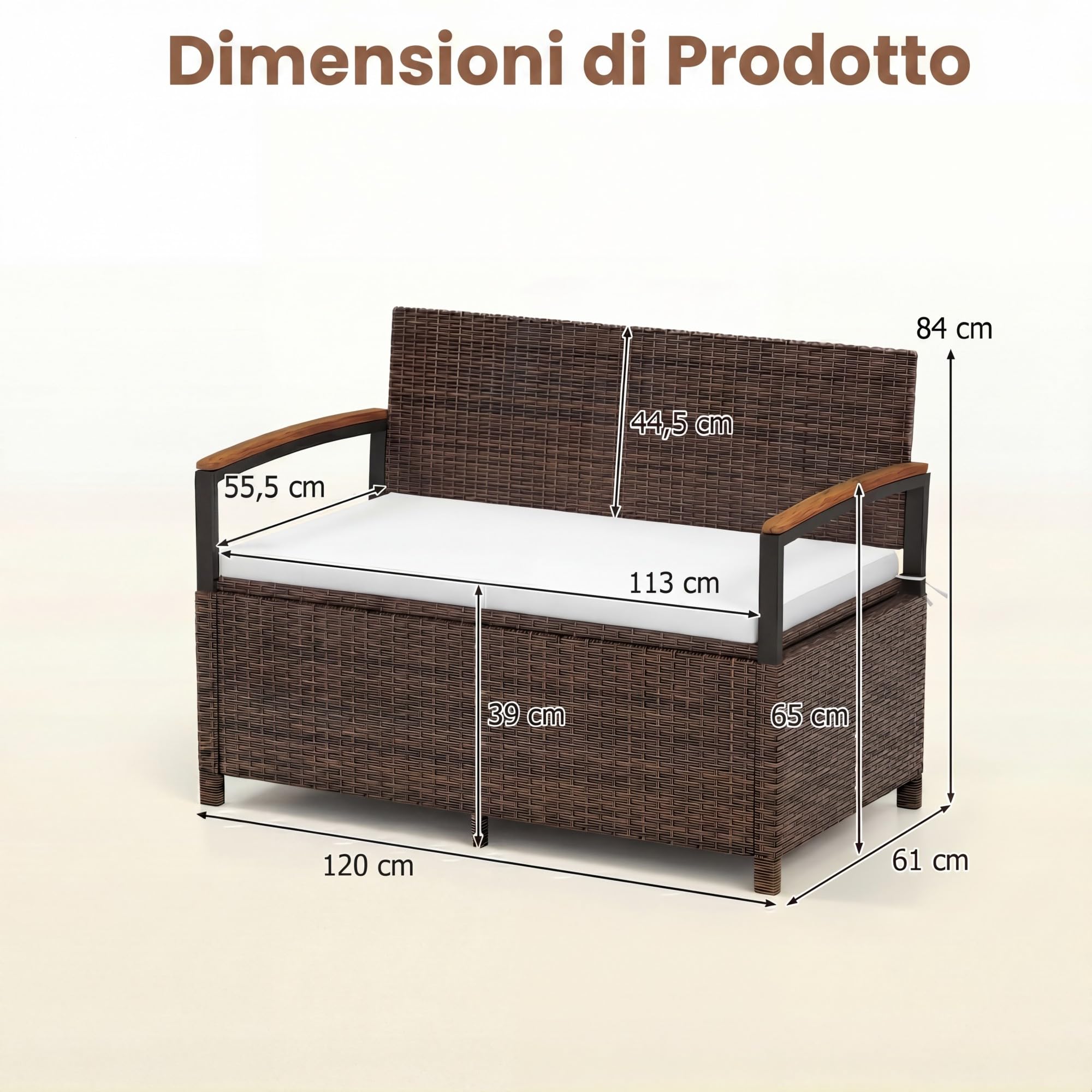 SOARS Panca da Giardino 2 Posti, Baule Contenitore Esterno 175 L in Vimini PE, con Cuscino Lavabile, Schienale e Braccioli in Legno di Acacia, Ammortizzatori a Gas, per Patio Balcone Piscina (Beige)