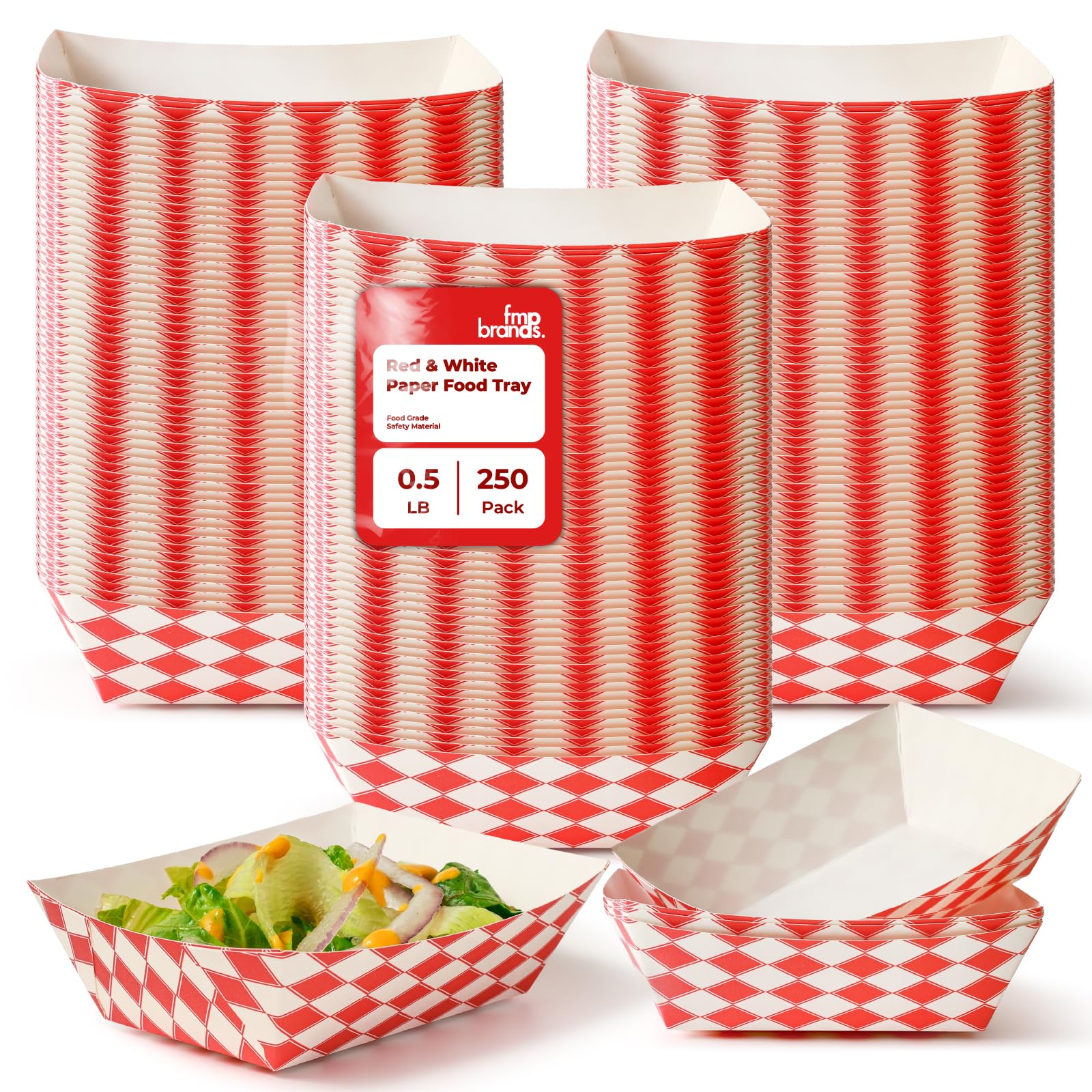 Fit Meal Prep [250 Pack 0.5 lb Paper Food Boats Heavy Duty Disposable Food Trays, Red Check Nacho Tray for Parties Fairs Picnics Carnivals, Holds
