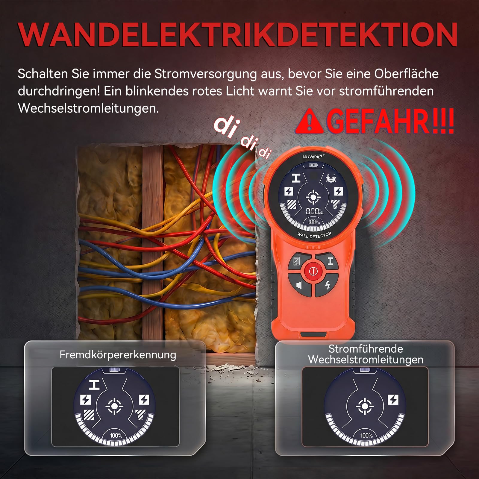 NOYAFA Leitungssuchgerät Ortungsgerät Leitungsfinder, Wiederaufladbar, HD-LCD-Display, für Metall, Holzbalken Mitte & Kante, AC-Stromleitung & Rohr