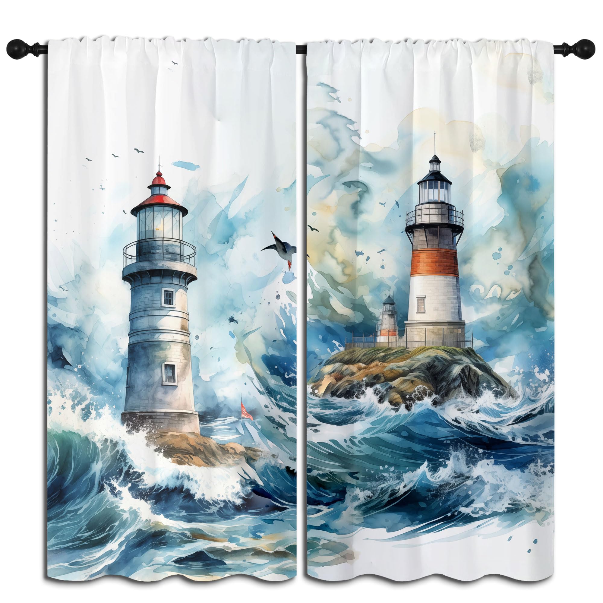 LHROOMJK Nautical Lighthouse Rod Pocket Blackout Curtains for Boy Girl Bedroom, Waves Seagull Blue Watercolor Art Thermal Insulated Home Window Drapes