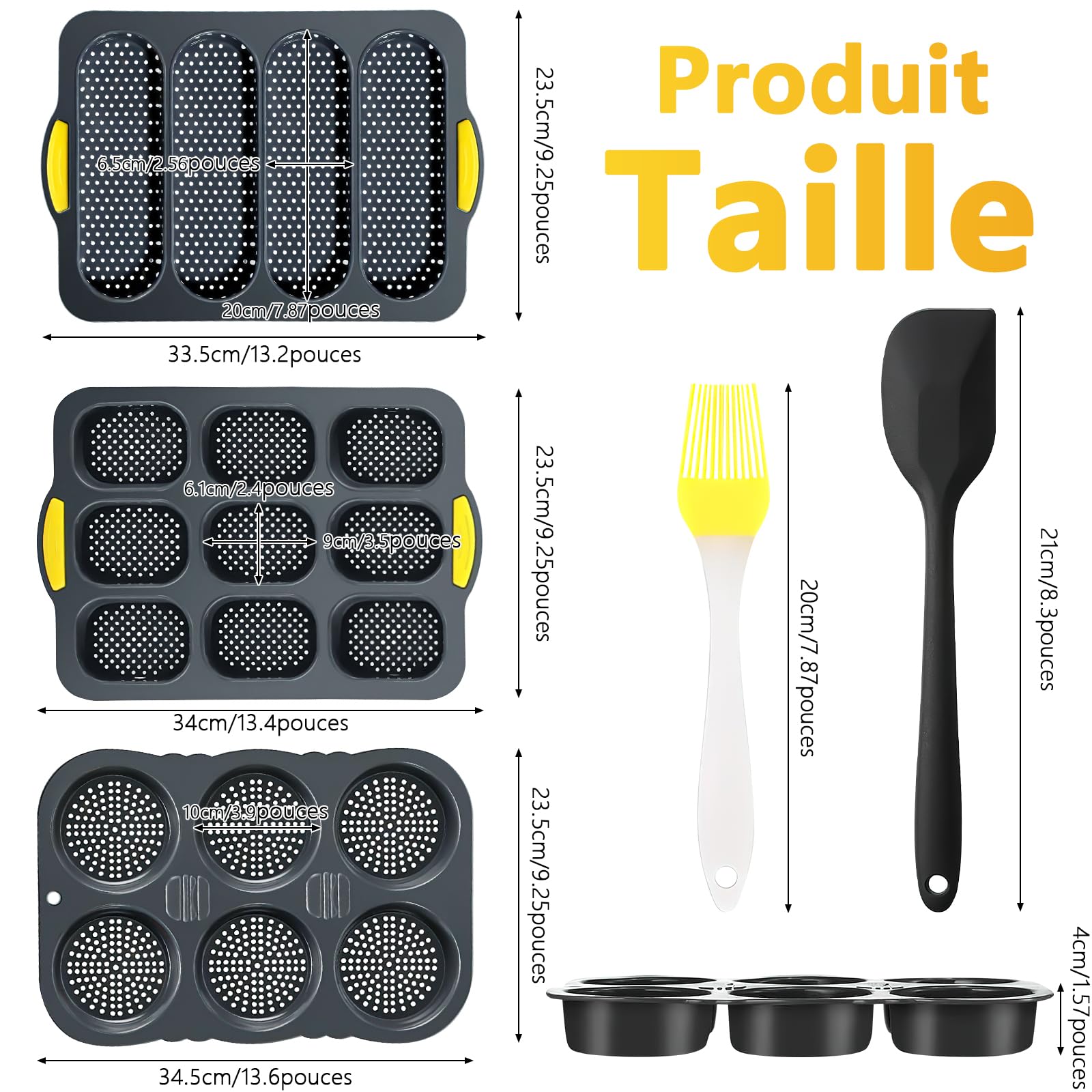 Juego de 5 moldes de pan de silicona antiadherente, molde de varita francés perforado 4/6/9 cavidades, placa de cocción de pan casero con cepillo y espátula, accesorios pastelería (negro)