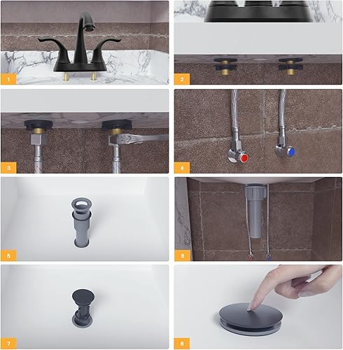 Miniatura 8 de Grifo de lavabo de baño de 2 manijas de 3 agujeros, grifo de baño negro mate, grifo de baño central de arco alto con ensamblaje de drenaje y