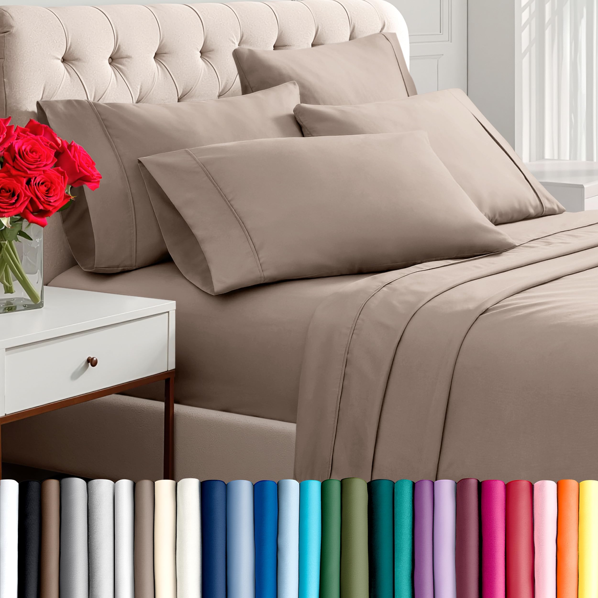 Hotel Luxury King Sheet Set, Extra Soft - 6 Piece Set - Deep Pockets - Easy Fit - Cooling & Breathable - Wrinkle, Fade, Stain Resistant - Includes 4 Pillowcases (King, Taupe)