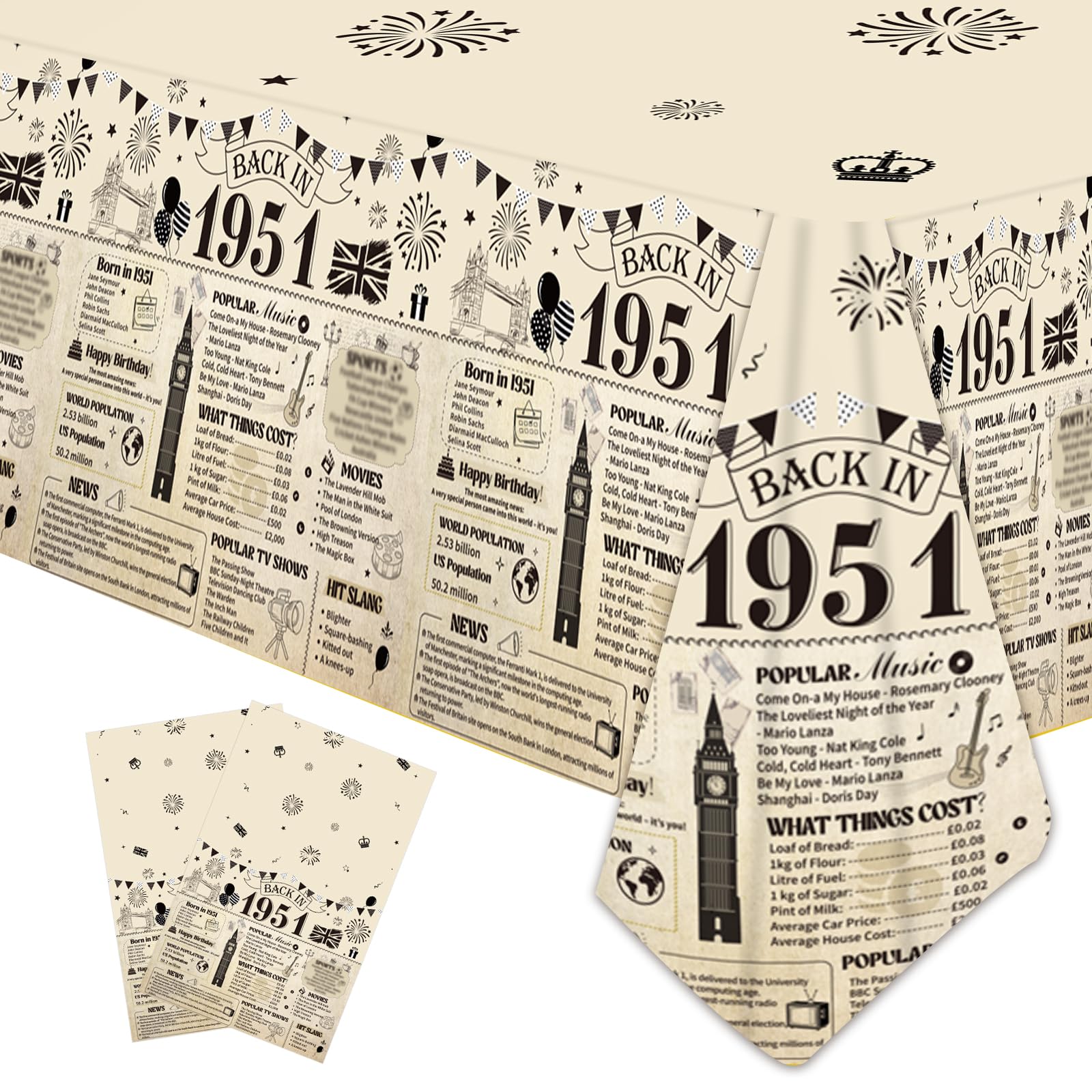 Eiapadeor 75th Birthday Table Cloth - 2 Pcs 75th Birthday Party Table Decorations Vintage Back in 1951 Disposable Table Cover for Men Women Him Her 75 Year Old Party Decorations