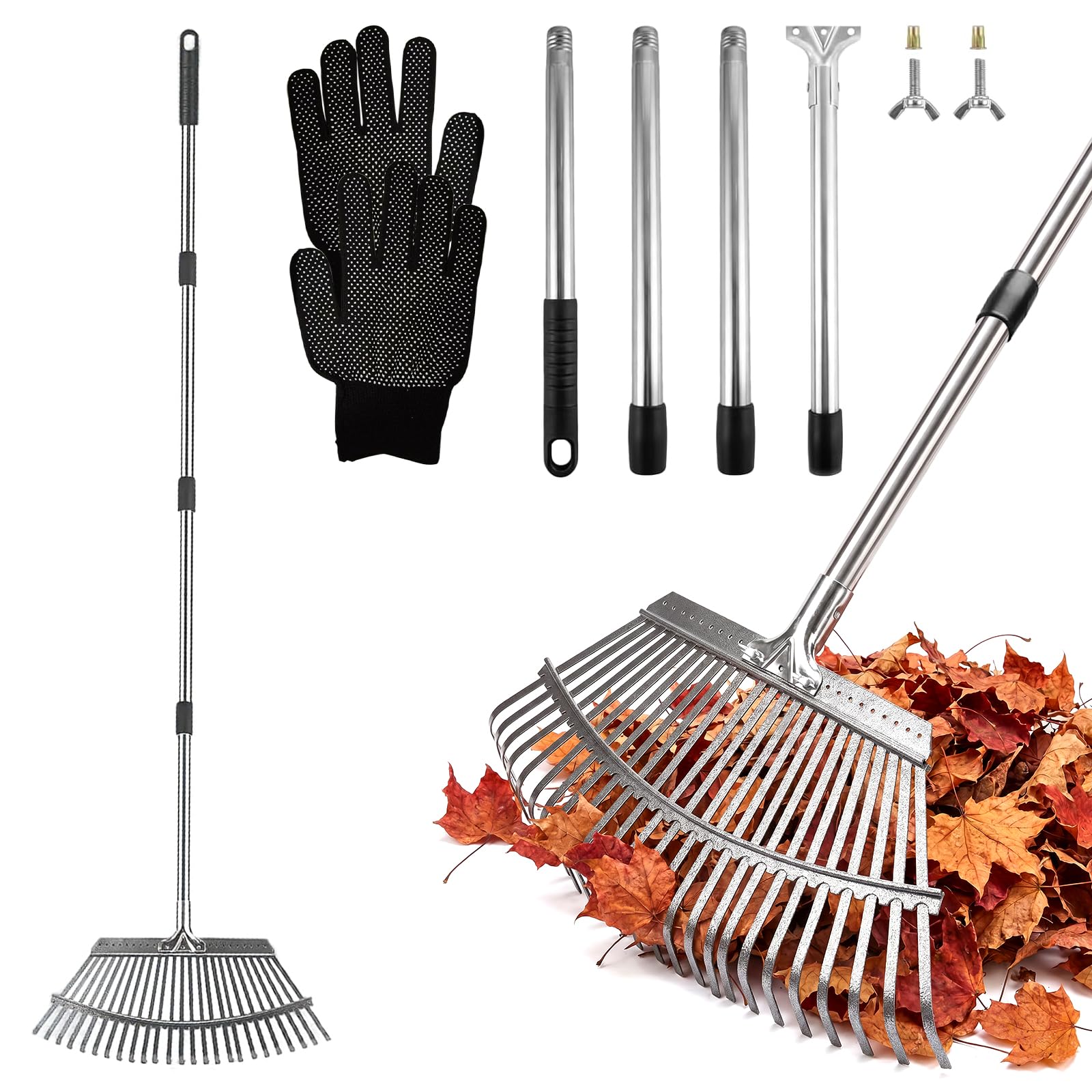 Garden Rake,18inch Wide Leaf Rake,35-62 Inch Adjustable Lawn Rake,25 Tines Metal Leaf Rake for Garden,Yard,Leaves,Soil Cleanup,Pet Waste Cleaning,Lightweight for Women,Kids