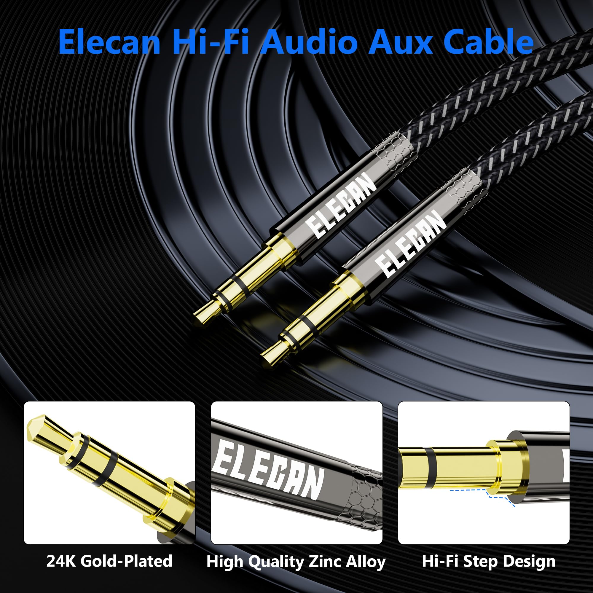 Elecan Cable auxiliar de 3,5 mm, sonido de alta fidelidad, aleación de zinc, carcasa OD 3,5 mm, ultrafino y suave), cable de audio estéreo auxiliar trenzado, cable auxiliar de 3,5 mm para auriculares