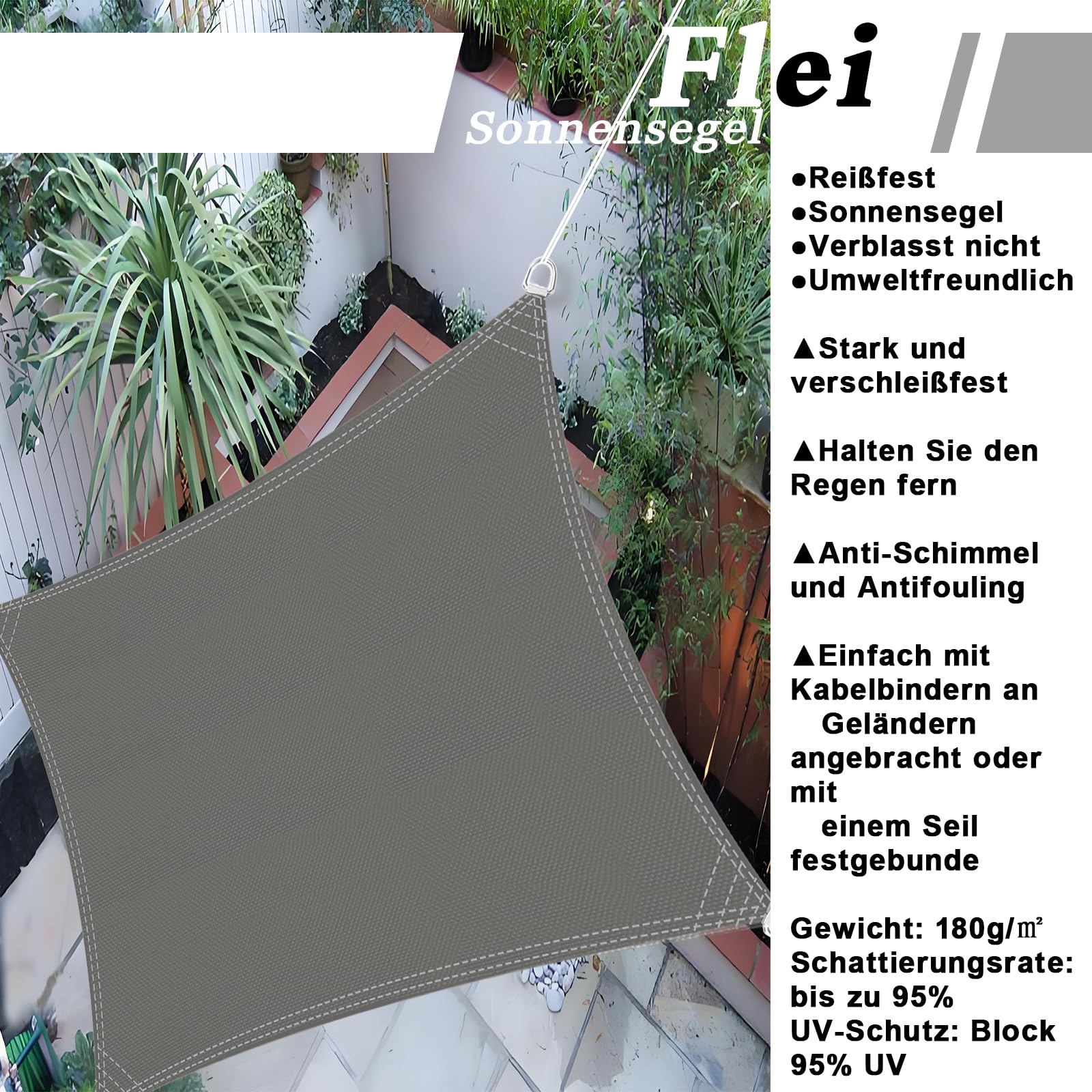 Flei Stoff für Sonnensegel, Tarp180 g/m² Polyester, Wasserdicht, inkl Befestigungsseile für Terrassendach, Sommer, Winter, Vier-Jahreszeiten-Garten, 