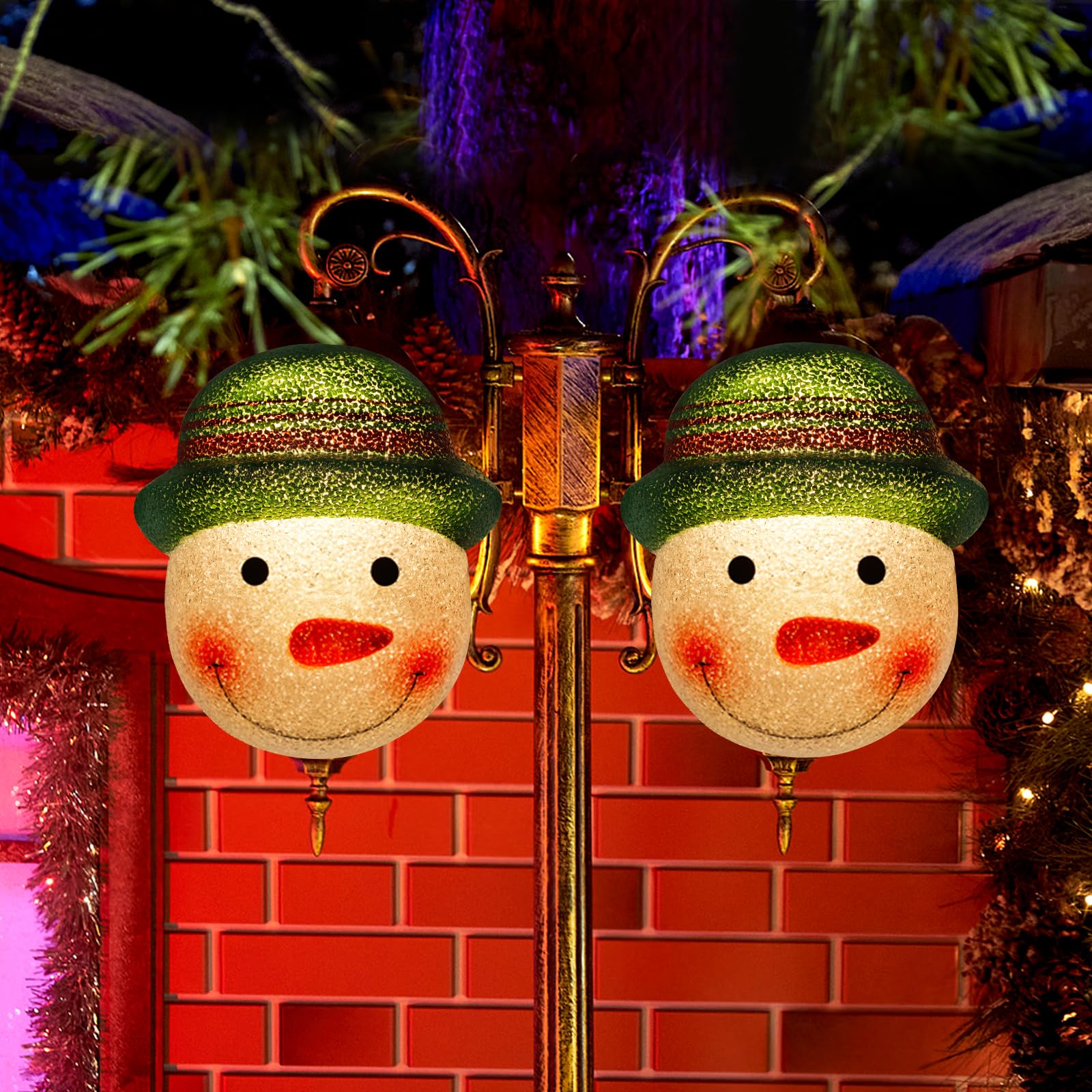 2PCS Christmas Snowman Porch Light Covers for Porch, Garage, Large Light Fixtures, Christmas Outdoor Decorations, Xmas Snowman Lamp Post Covers（Green）