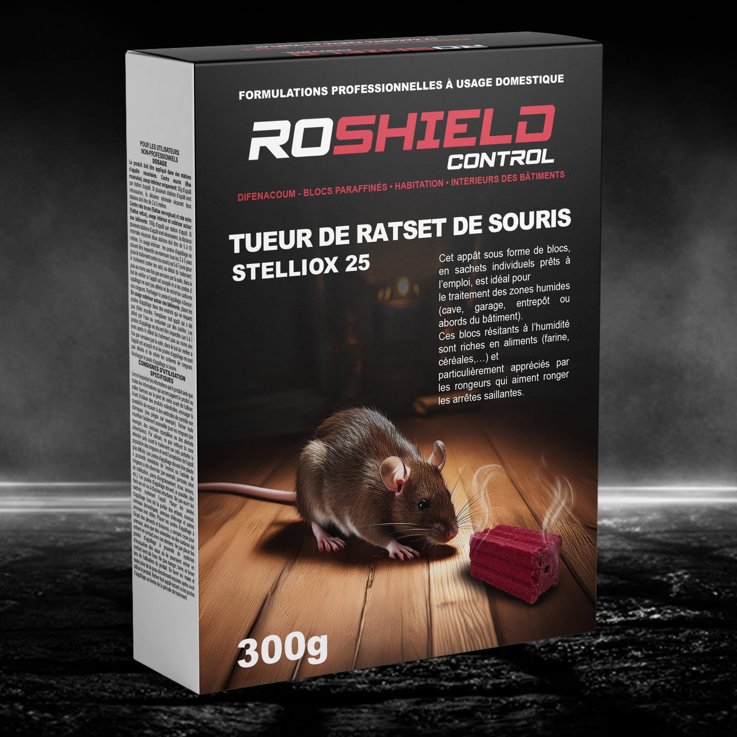 Roshield Anti Rats & Souris 600g Forte Infestation Habitation et Cuisine Efficace dès la 1ère Ingestion Idéal pour Lieux Secs & Humides (600g, 24x25g)