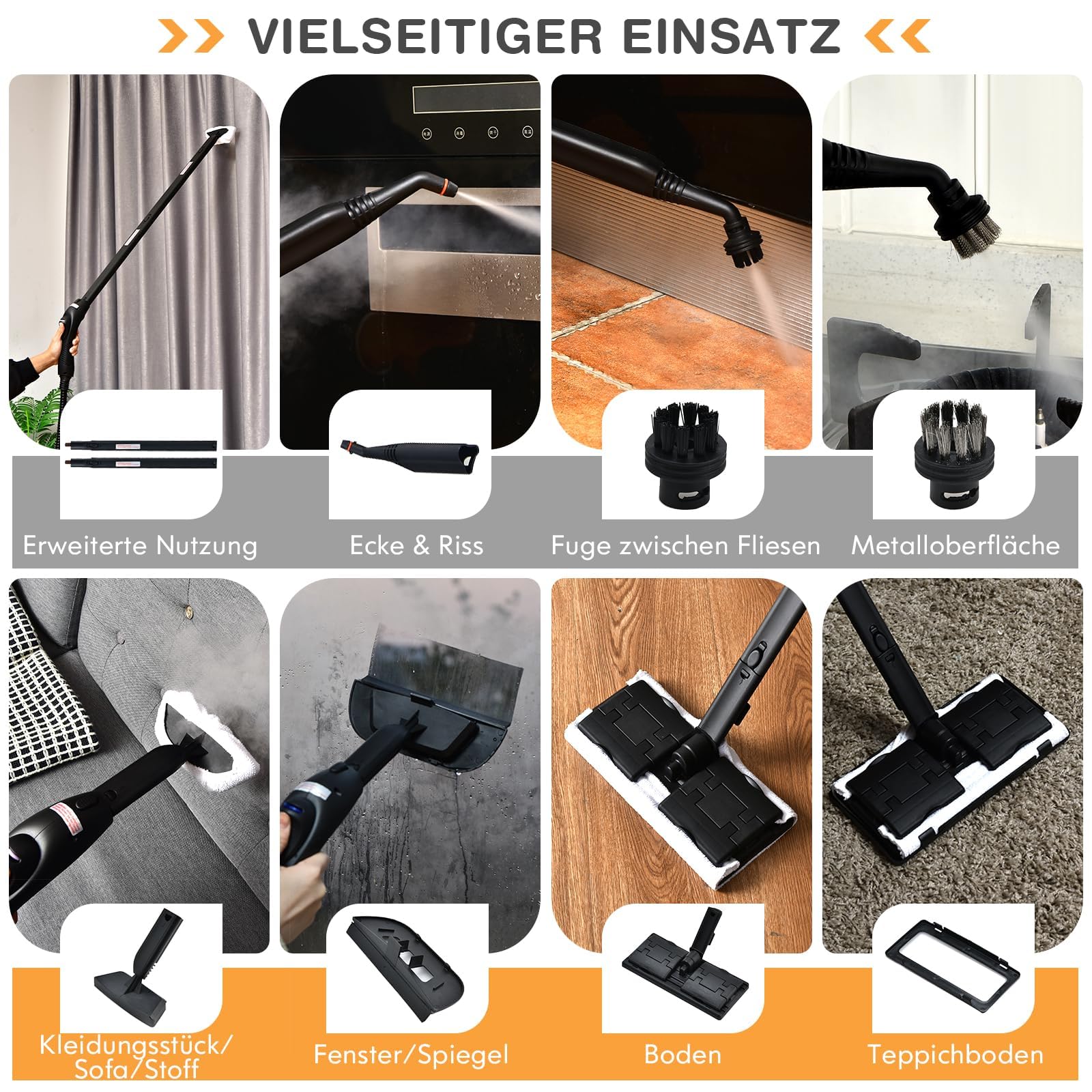 FANTASK Pulitore a vapore con 19 accessori e luce LED di avvertimento per tappeti, pavimenti, finestre, auto, 2000 W, tempo di riscaldamento: 5 minuti, temperatura: fino a 108 °C, serbatoio: 1,5 l