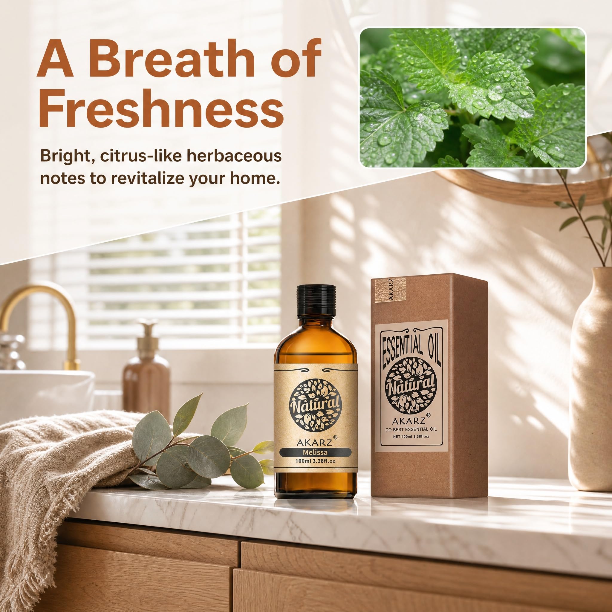 AKARZ 100ml Olejek esencjny z Melisy - Naturalny olejek aromatyczny do dyfuzorów, lamp aromatycznych i aromatów pomieszczeń
