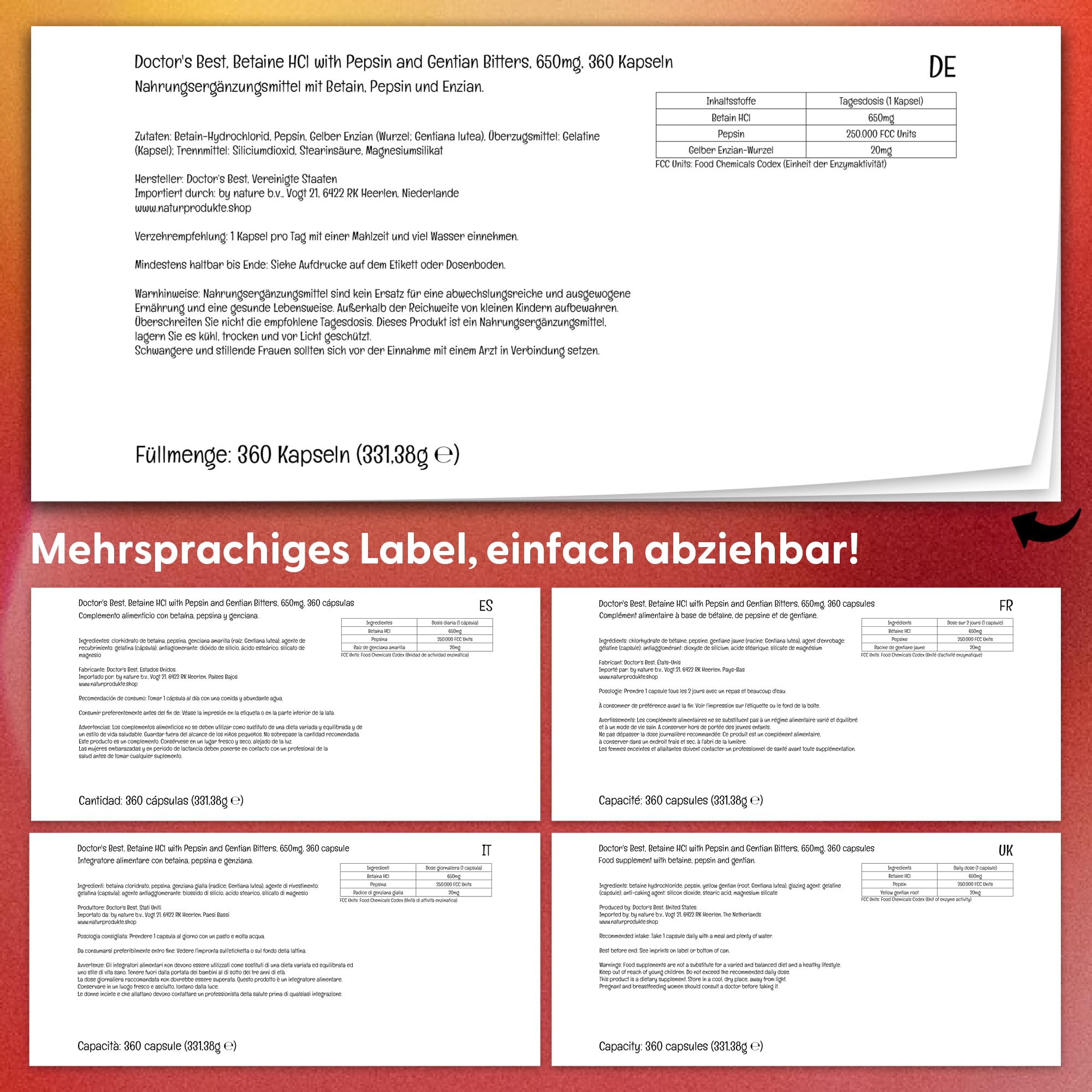 Doctor's Best, Betain HCl (Betain Hydrochlorid) mit Pepsin und Bitterstoffe aus Enzian, 650mg, 360 Weichkapseln, Hochdosiert, Laborgeprüft, Sojafrei, Glutenfrei, Ohne Gentechnik