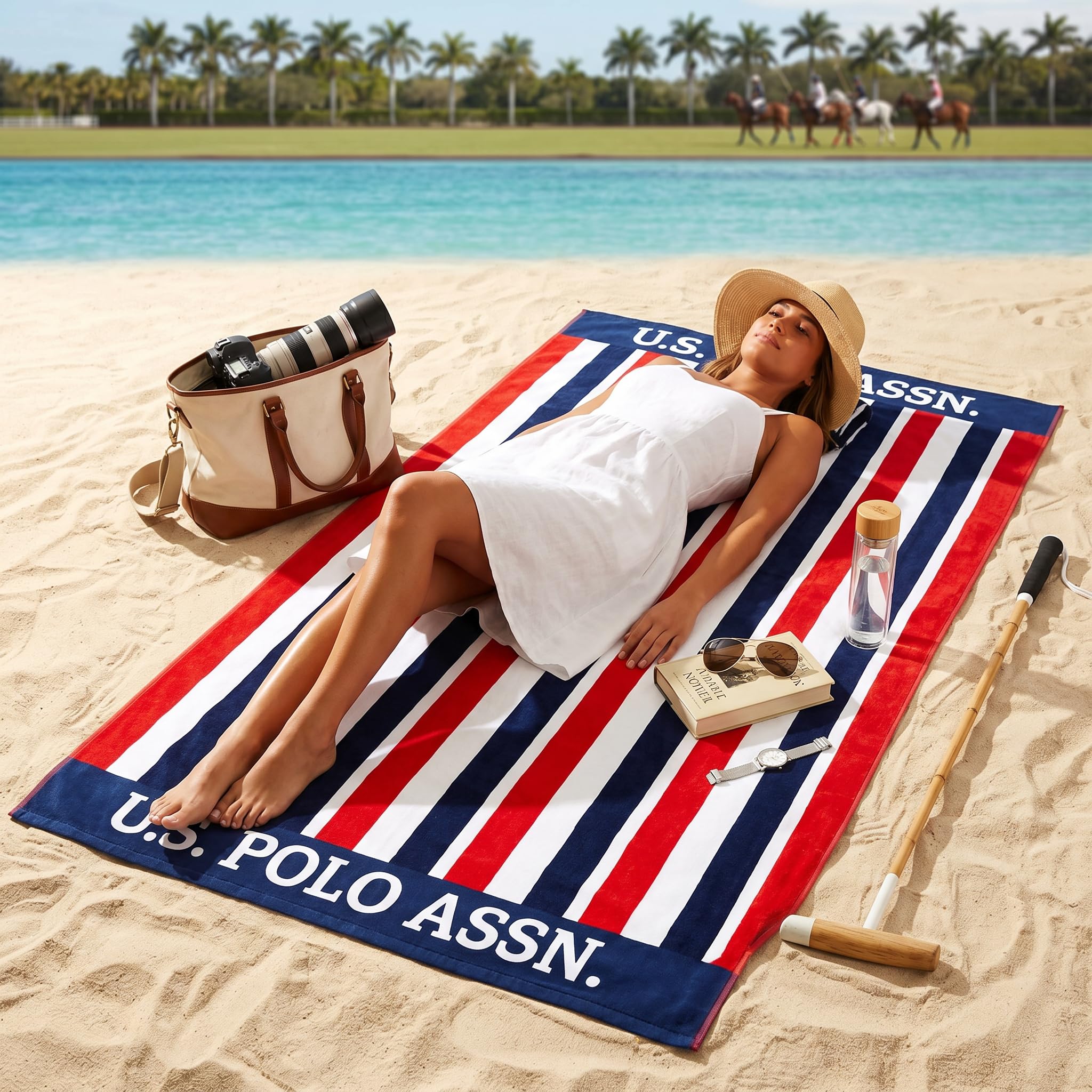 U.S. Polo Assn. Toalla de Playa Grande (40 x 70 Pulgadas), diseño náutico a Rayas, Playa, Piscina, canotaje, Gimnasio, Campamento y Yoga al Aire Libre y Pilates (Rayas de la Costa Este)