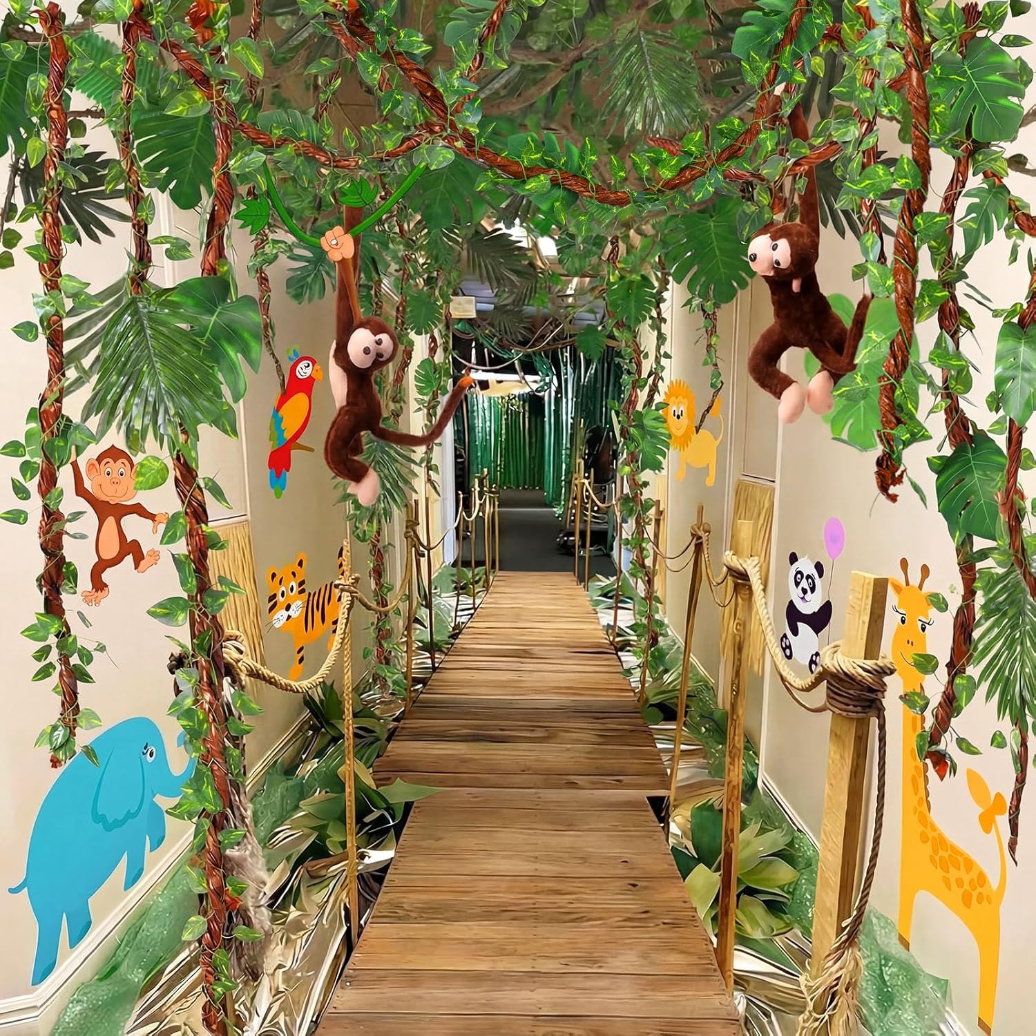 MotiMind Jungle Themed Party Decorations Wildlife Park Jungle Leaf Decorations with Kraft Paper Artificial Ivy Green Leaf Garland Fake Tropical Palm Leaves for Indoor Outdoor Forest Party Supplies