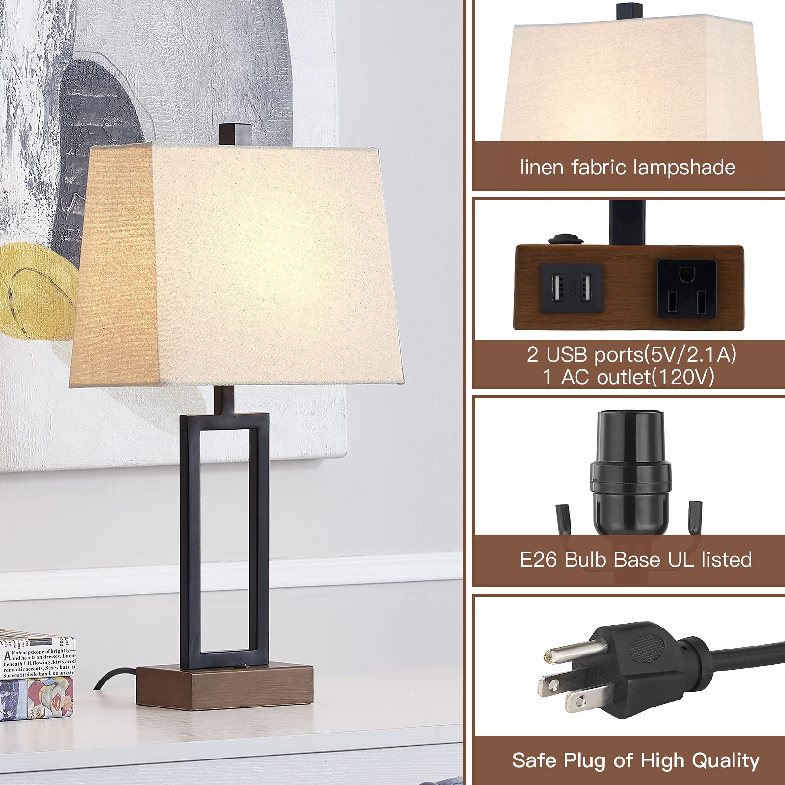 Lolikit Table Lamp for Bedroom Set of 2 with 2 USB Ports and AC Power ...