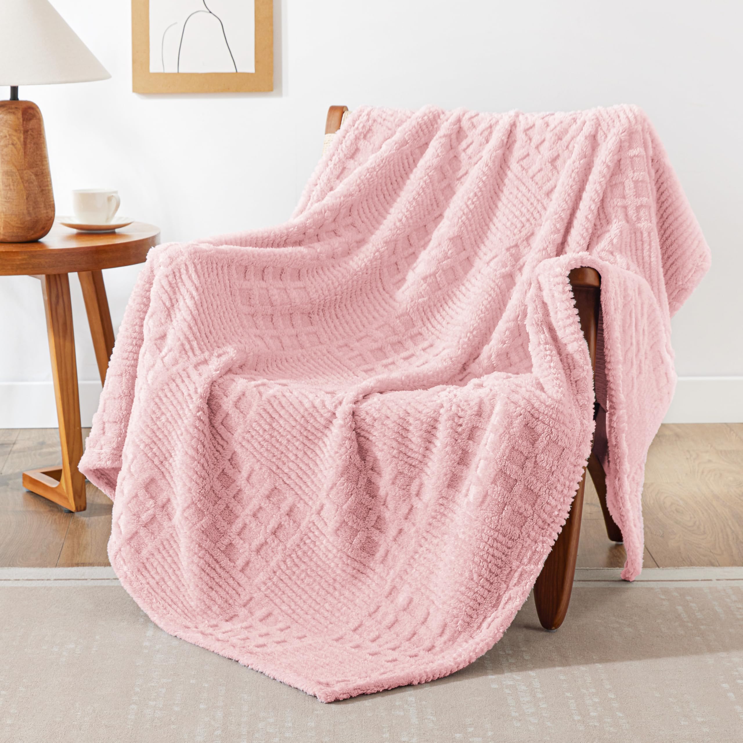EXQ Home Fleece Throw Blanket for Couch or Bed - 3D Waffle Patchwork Pattern Jacquard Decorative Blankets - Cozy Soft Fuzzy Flannel Blanket Suitable