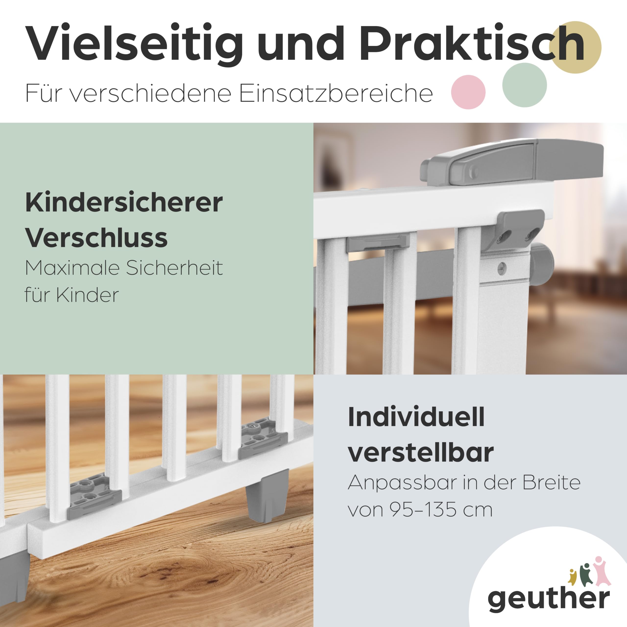 Geuther Treppenschutzgitter Oris | Türschutzgitter zum Anschrauben, Breite 95-135 cm, Stabiles Türgitter mit Schwenktür, Kindergitter Holz, Weiß