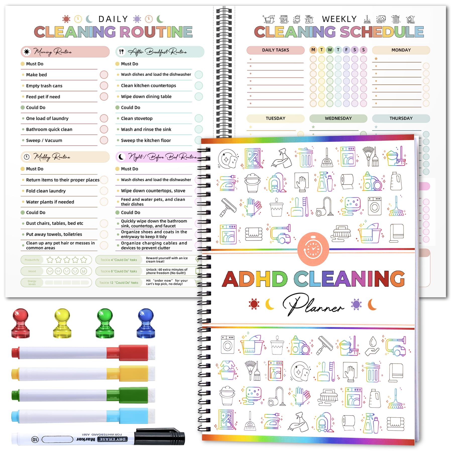 adhd cleaning planner - reusable adhd cleaning and organizing planners editable cleaning schedule and checklist stress-free adhd planner for adults women daily weekly monthly household schedule