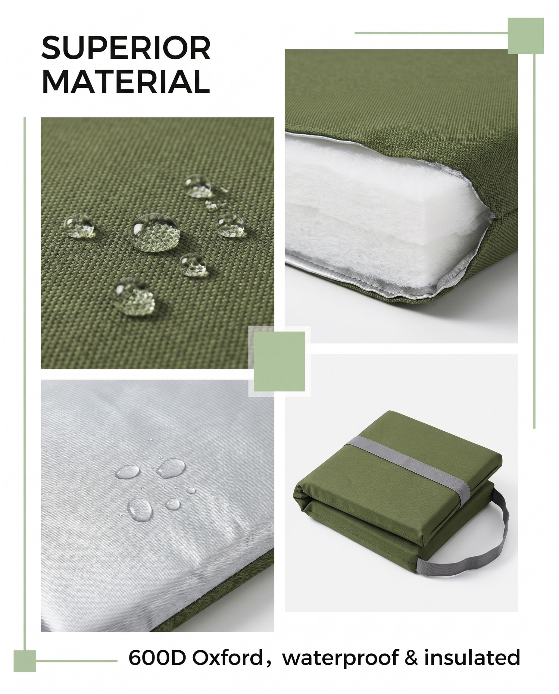2 Pezzi Cuscino Seduta Outdoor, 600D Oxford Impermeabile Pieghevole, Verde Militare, Nero, Isolante Termico per Campeggio, Escursioni, Stadio, Picnic