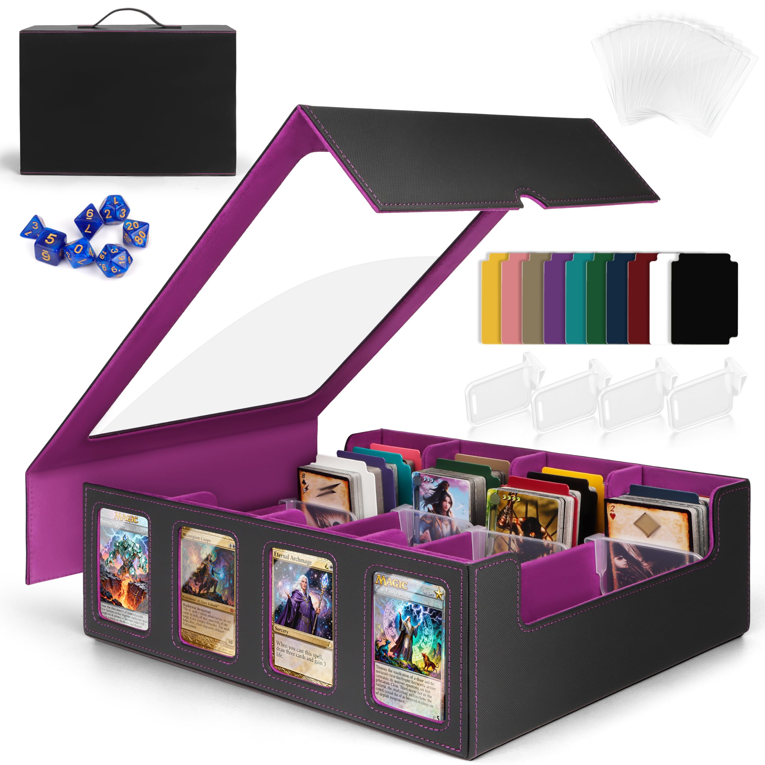 Charmofun Boîte Rangement Carte, Boîte à Cartes pour Plus de 2400+ Cartes Avec 10 Séparateurs, 4 Blocage et Plateau à Dés, Boîte à Rabat Magnétique Avec Cuir Pu et Poignée (Violet, 2400+)
