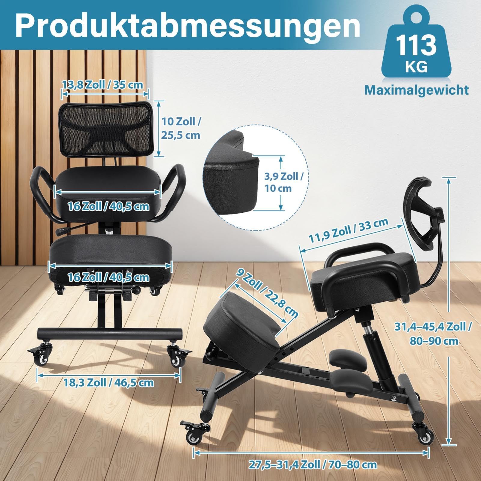 Generisch Kniestuhl, Ergonomischer Kniestuhl mit Rückenlehne und Fußstütze | Höhenverstellbarer Haltungsstuhl mit Feststellrä-dern für das Homeoffice, Haltungskorrekturhocker