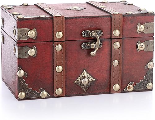 ELLDOO Caja de cofre del tesoro vintage, caja de recuerdos pirata para regalos, caja de almacenamiento de tesoros de madera, caja decorativa para
